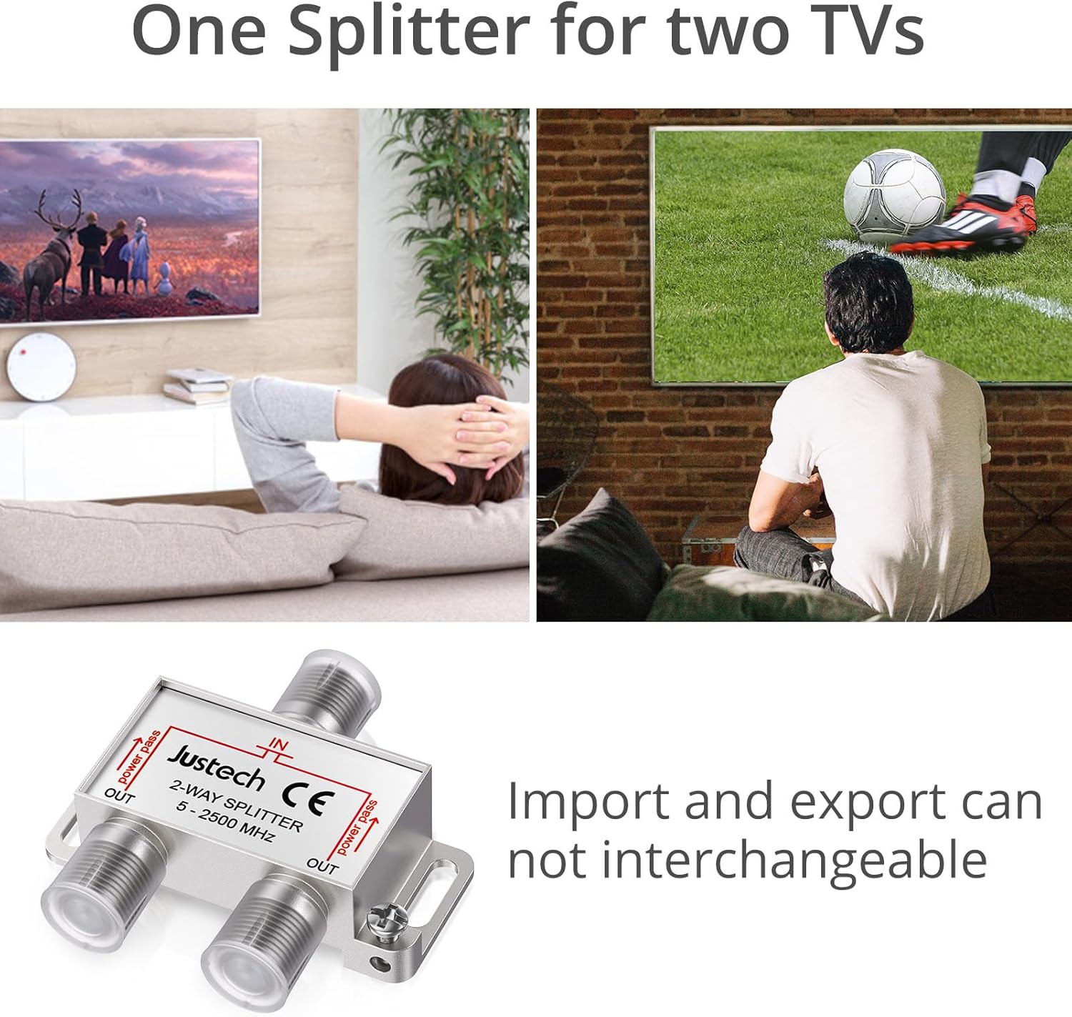 Thumbnail 5 de Justech 2 Way TV Aerial Splitter with 1.5m Coax Cables – F Connector, 2500MHz