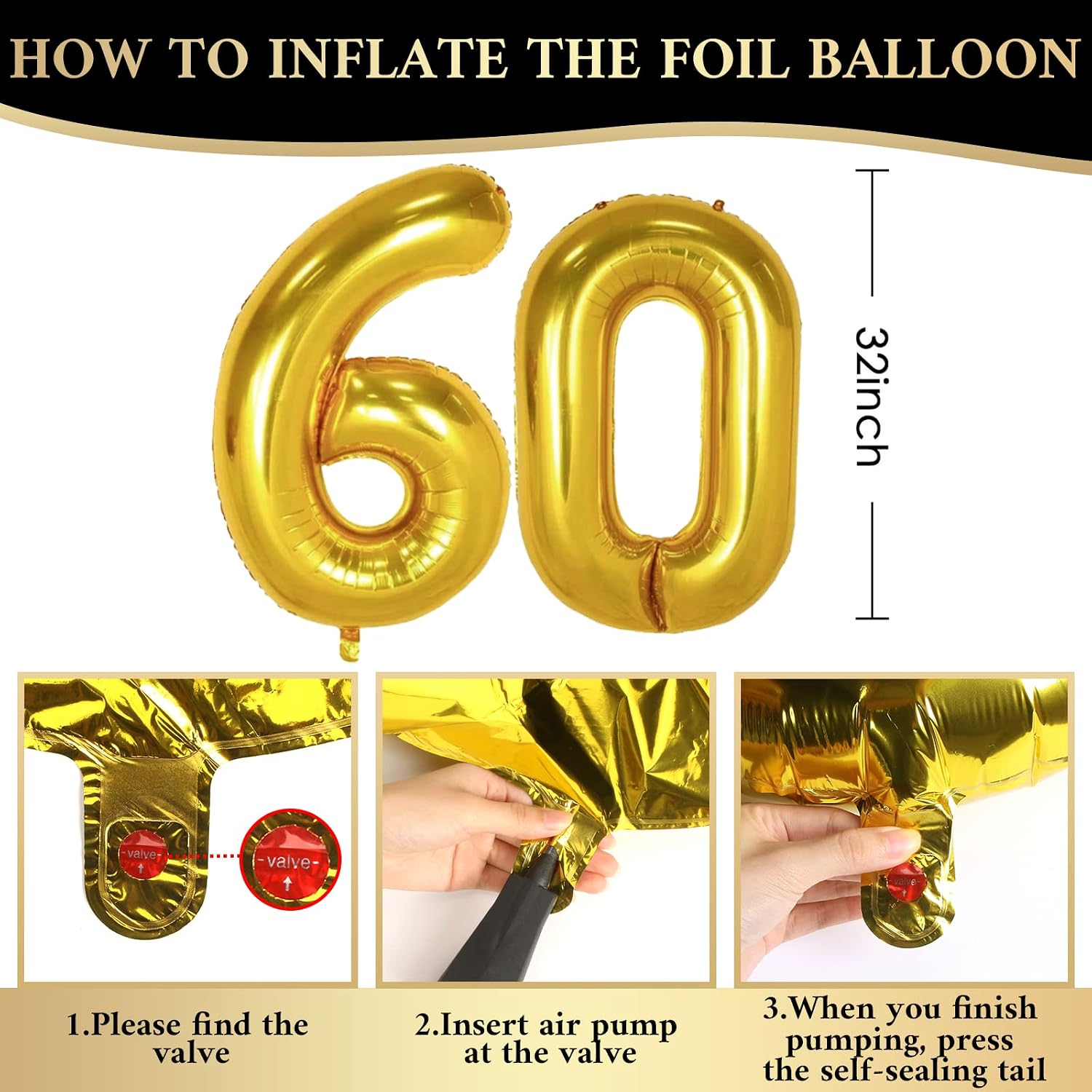 Detalle de Schwarz-Gold 60 Geburtstag Deko mit Happy Birthday Banner & Luftballons – Set für Mann & Frau