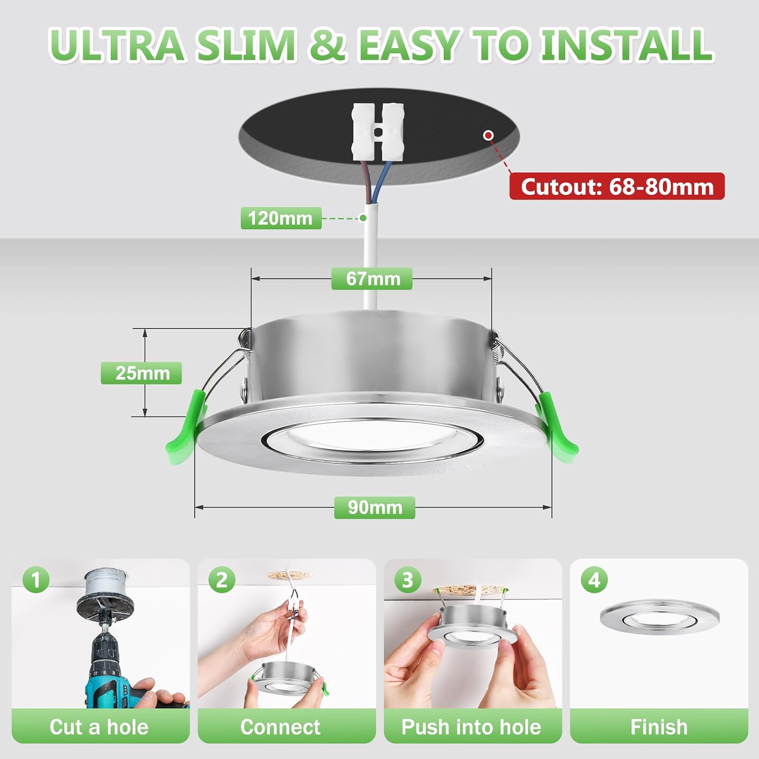 Detalle 2 de YindaLux LED-Einbaustrahler 230V IP44 5W GU10, warmweiß 2700K, schwenkbar 45° – 6er Set (68 mm Lochausschnitt)