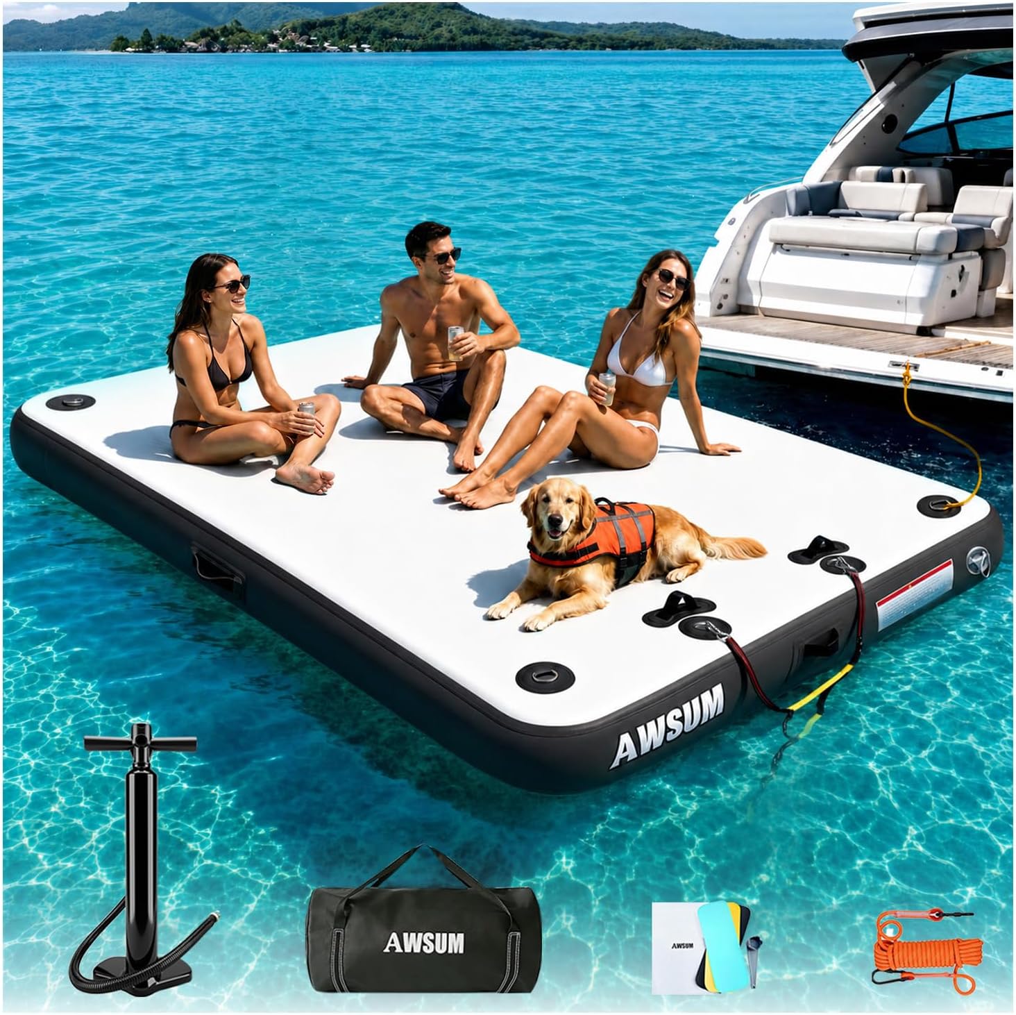 Detalle de AWSUM Inflatable Floating Dock: Stable, Modular Island Platform for Lakes, Beaches, and Pools