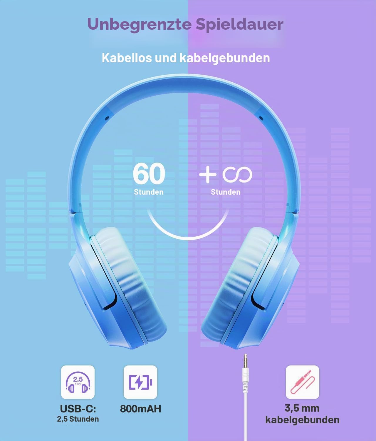 Detalle de KONNAO Kinder Kopfhörer Wireless 60H – faltbar, mit MIC, 85dB/94dB Lautstärkebegrenzer
