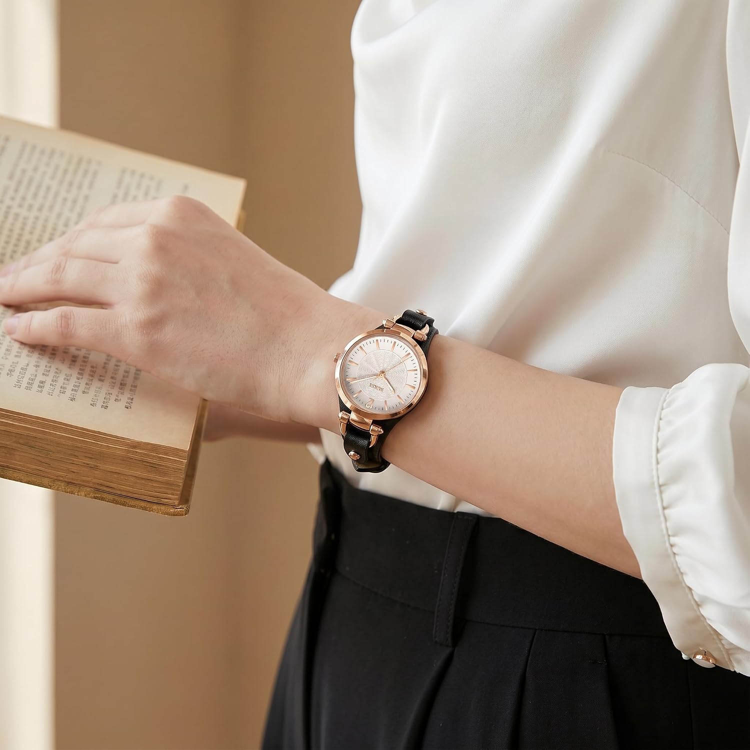 Detalle de BUREI Montre bracelet en cuir pour femme – Élégante montre analogique quartz, bracelet 8 mm