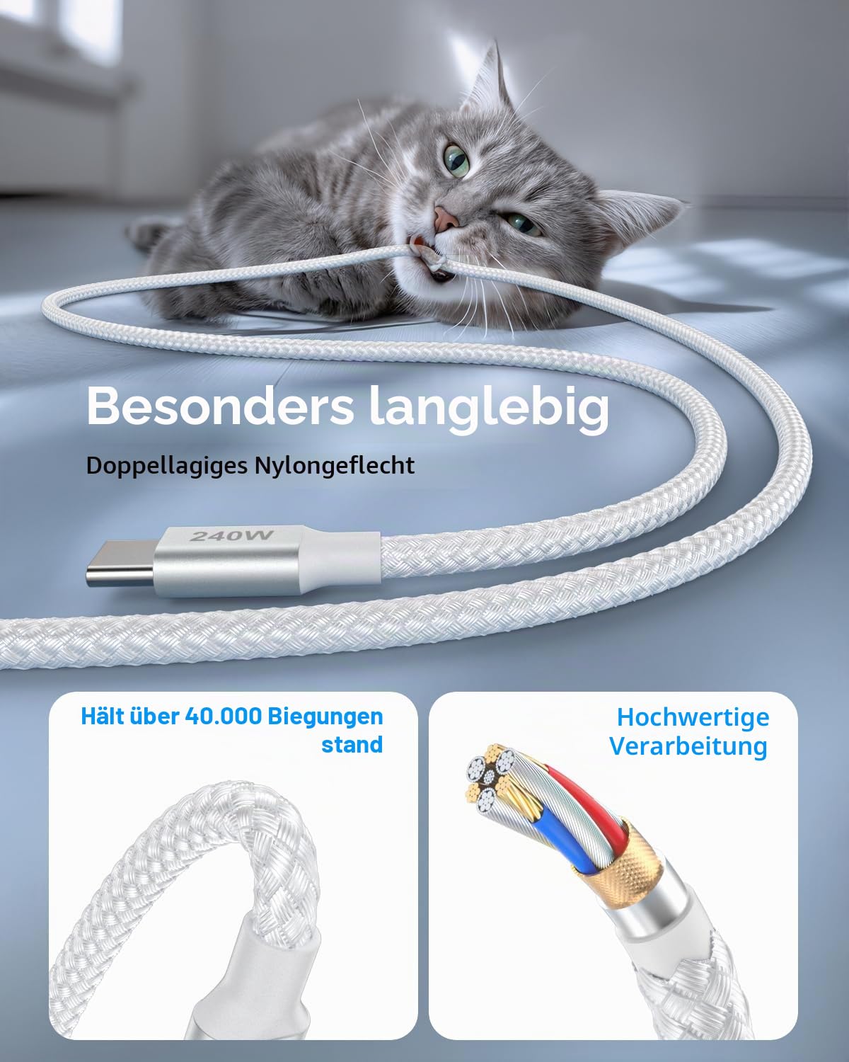 Detalle de 240W USB C auf USB C Kabel 1,5 m – PD3.1 Schnellladekabel, hochwertig, Weiß