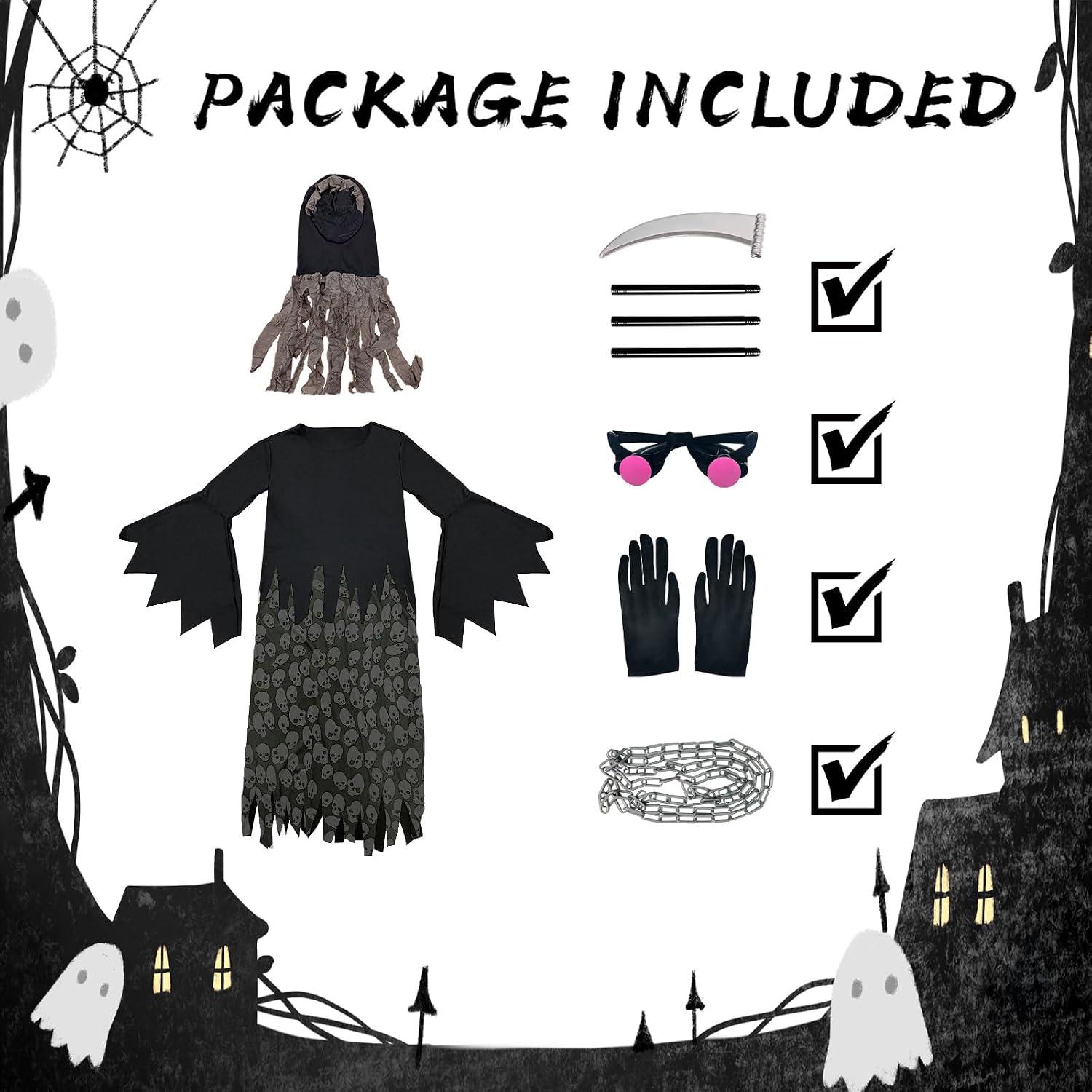 Detalle 2 de Lomesion Kids' Grim Reaper Costume with Glowing Red Eyes, Chain and Scythe