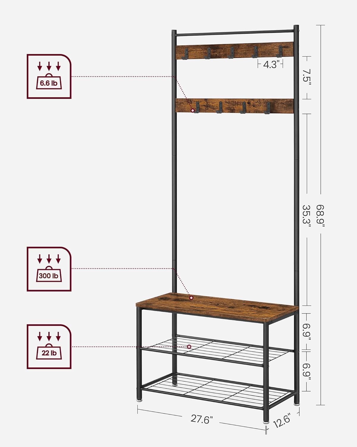 Detalle 2 de VASAGLE UHSR41BX Entryway Coat Rack with Shoe Bench, 9 Hooks