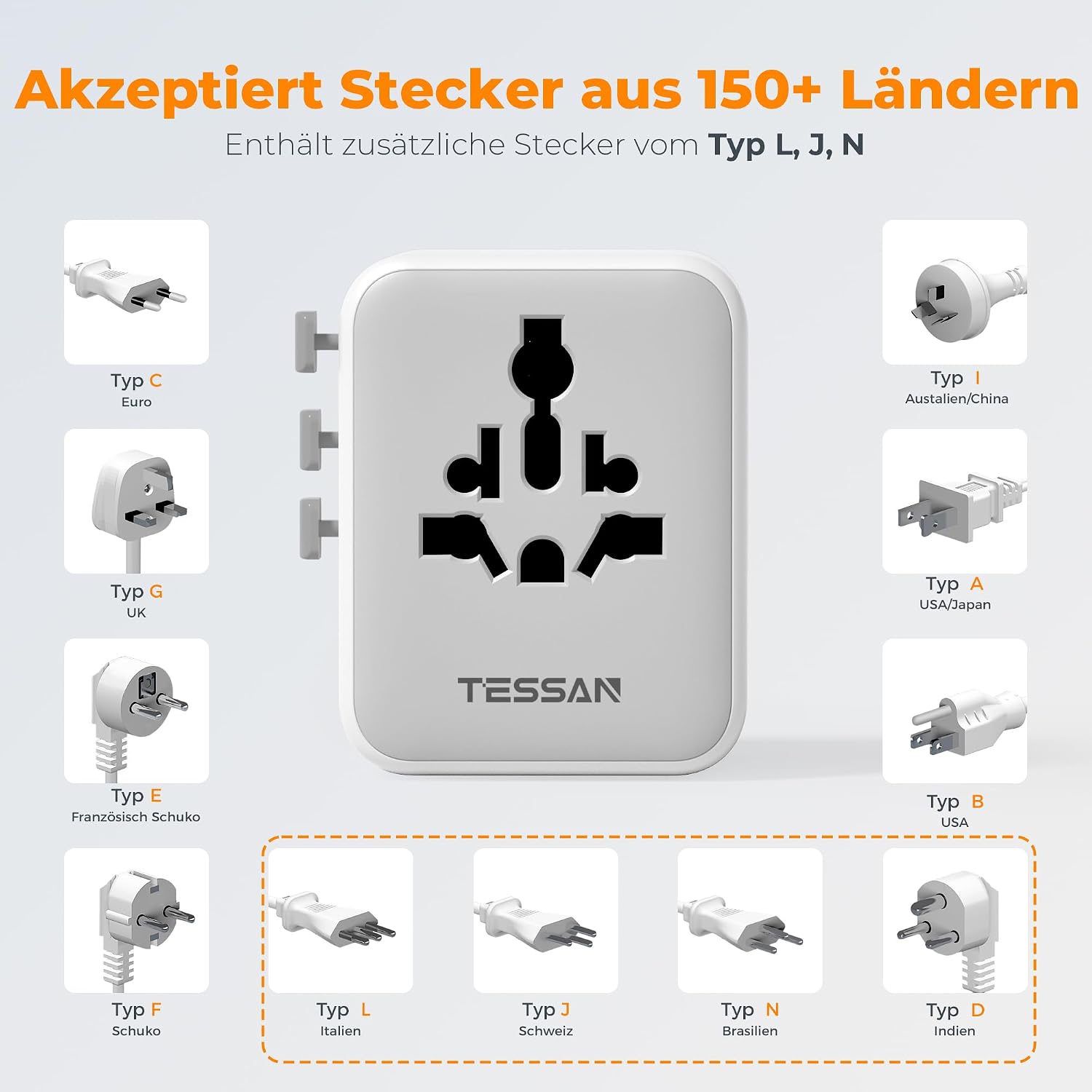 Thumbnail 3 de TESSAN Reiseadapter Weltweit mit 2 USB‑A & 3 USB‑C
