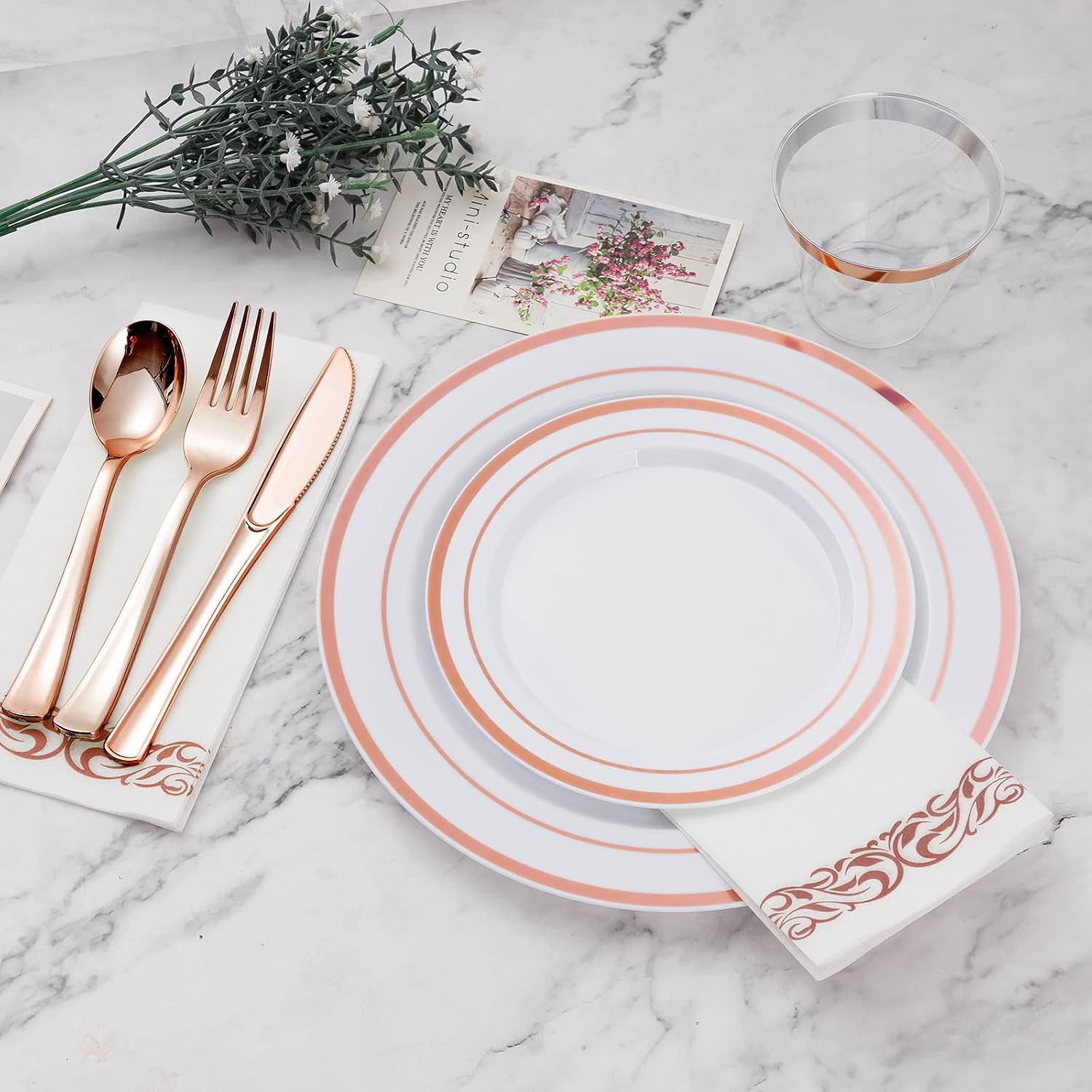 Detalle de BESTVIP 700PCS Rose Gold Disposable Dinnerware Set for 100 Guests 🍽
