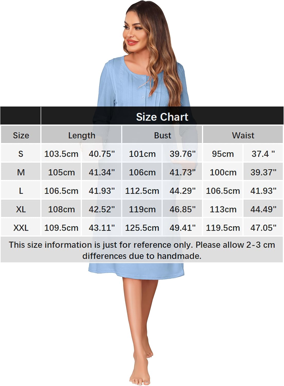Detalle 2 de Wikoan women’s cotton long-sleeve nightdress with pockets (UK size 6–24)