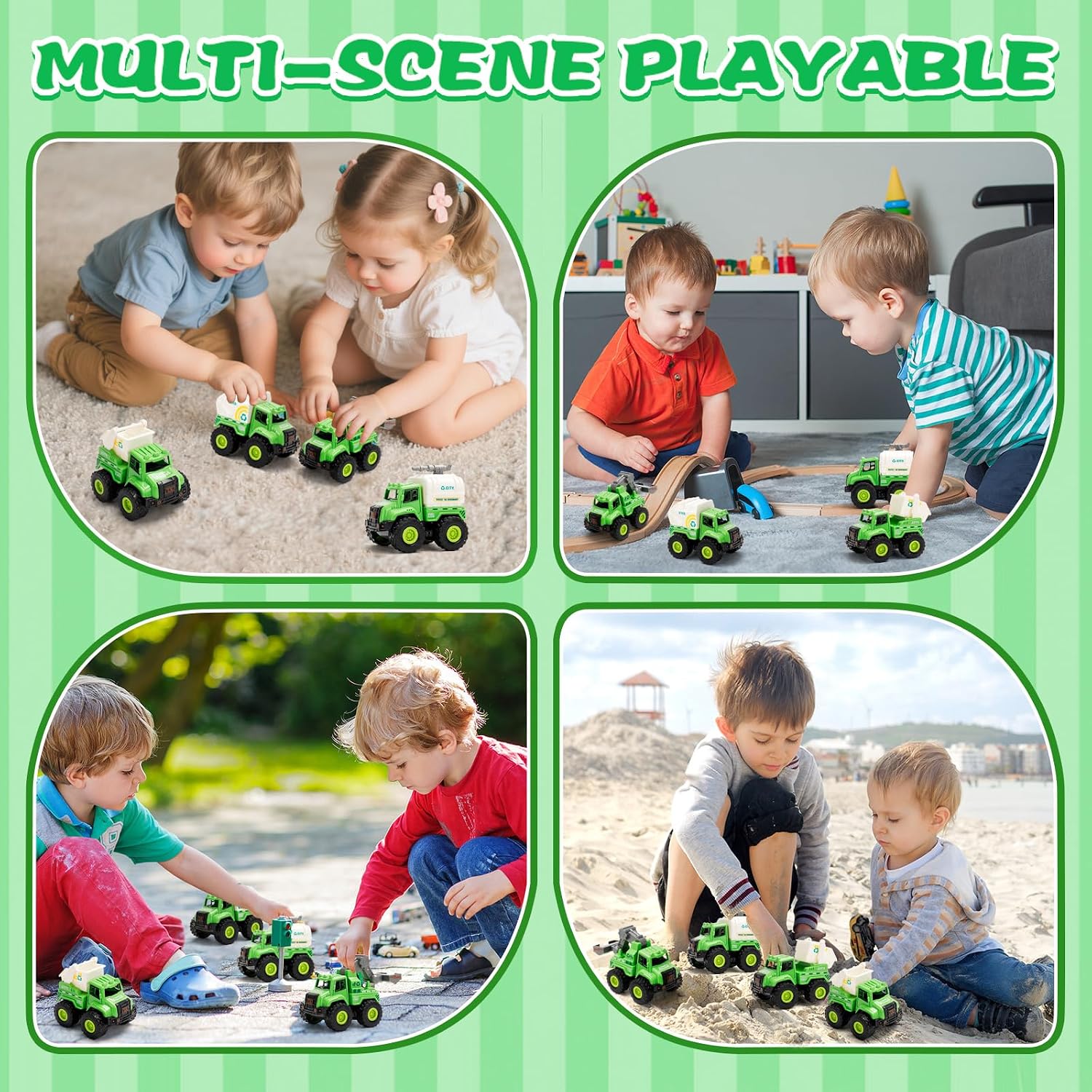 Thumbnail 5 de YGNNXRN 4er Set Müllwagen Spielzeug ab 2+ Jahre – Push & Go Fahrzeuge (Müllauto, Reinigungswagen, Recycling-LKW & Wasserwagen)
