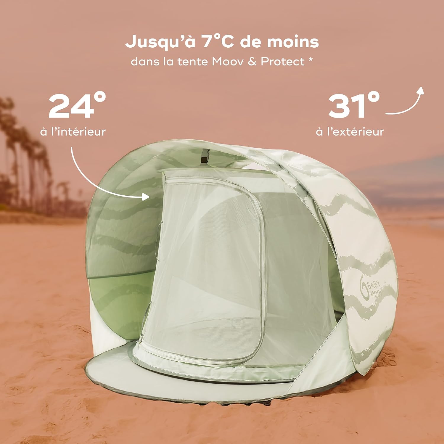 Detalle 2 de Babymoov Tente Anti-UV Bébé rafraîchissante Moov & Protect (UPF 50+, Pop-Up) – Grande tente de plage avec moustiquaire