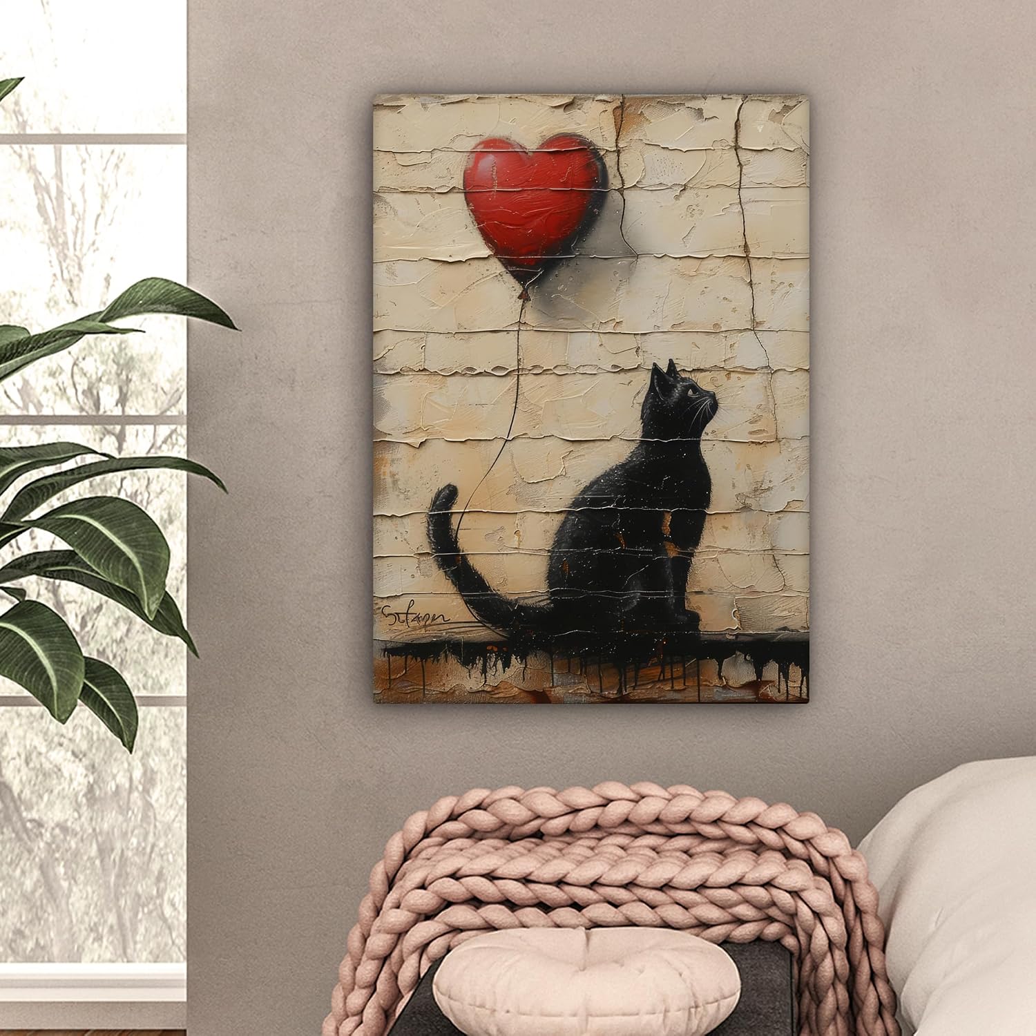 MuchoWow Impression sur Toile Photo Peinture 60x80 cm – Chat, Ballon et Graffiti (Banksy) – Décoration Murale