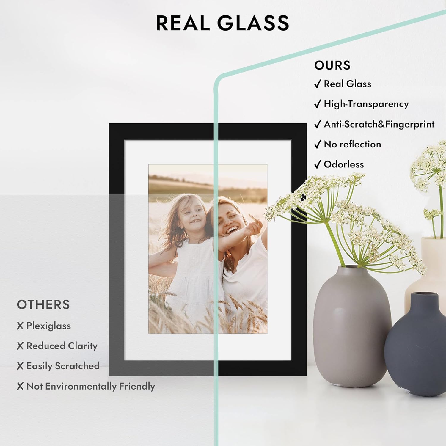 Detalle de Hongkee 8x10 Picture Frame (Real Glass + Wood Frame, Black) — Wall or Tabletop Display, 1 Pack
