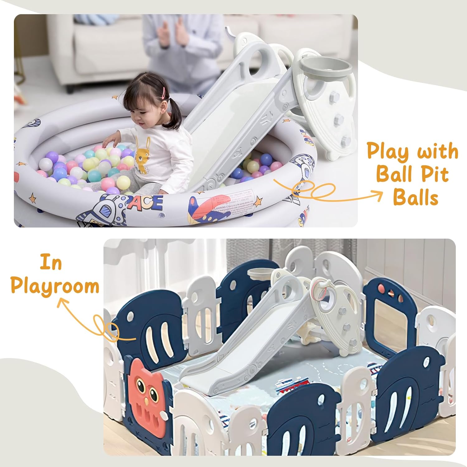 Detalle de Onasti Kids Slide for Toddlers (Age 1–3) Freestanding & Folding Slide Playset with Basketball Hoop and Ring Toss, Grey