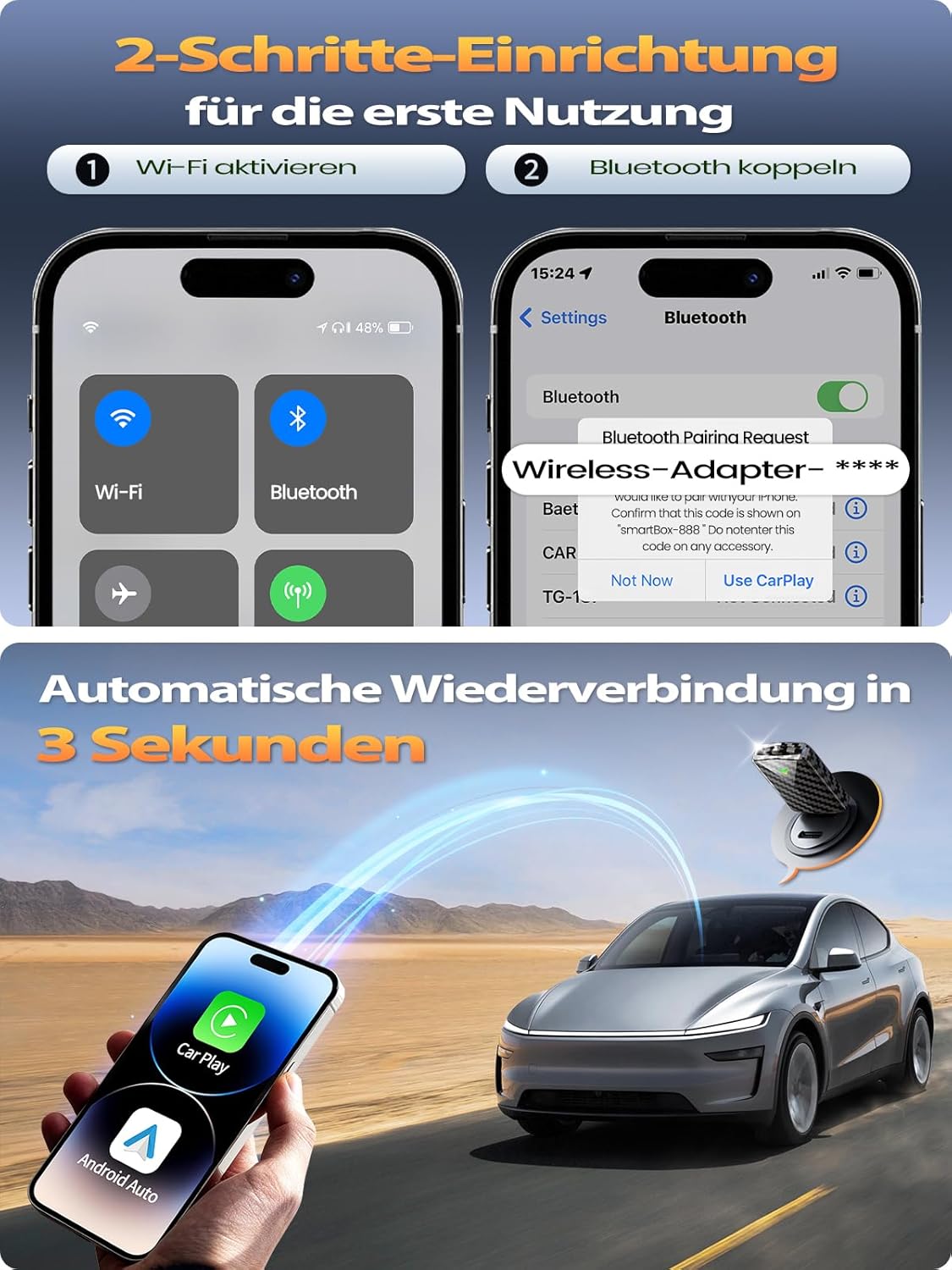 Thumbnail 6 de Wireless CarPlay & Wireless Android Auto Adapter Mini (mit Auto-GPS Navigation) – Karbonfaser-Design, kompatibel ab 2016
