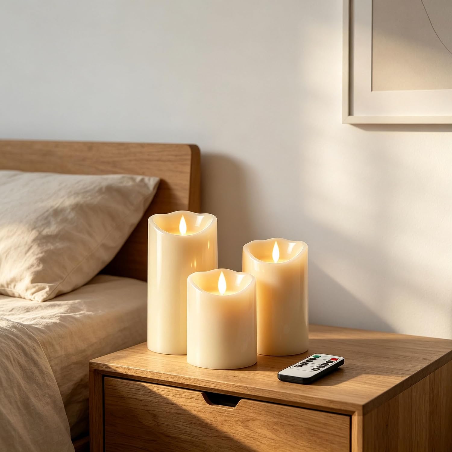 Detalle 2 de Da by 3 Candele LED Bianche con Stoppino Oscillante Realistico – Set da 3, telecomando e uso interno/esterno