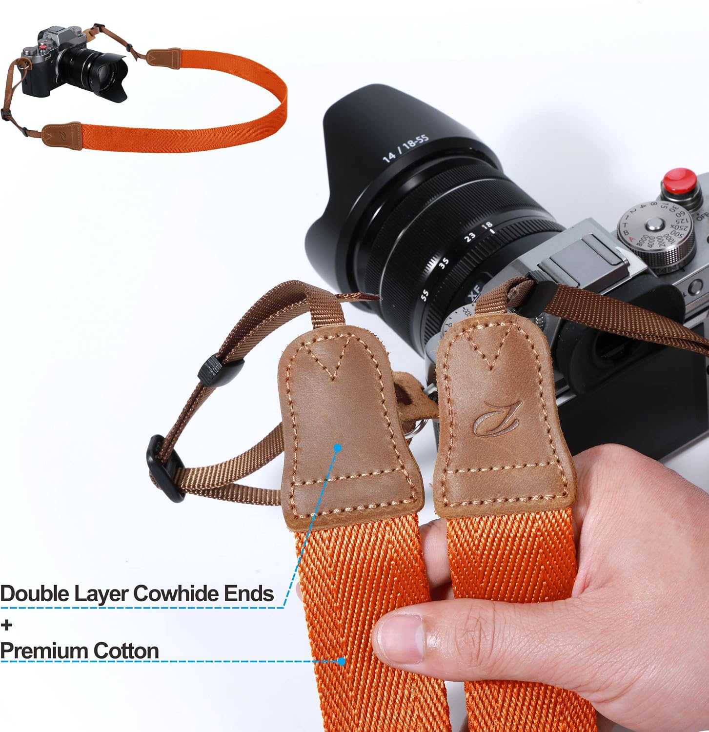 Thumbnail 3 de Padwa Lifestyle Orange Camera Strap – Double Layer Cowhide Ends, 1.5" Wide Cotton Weave, Adjustable