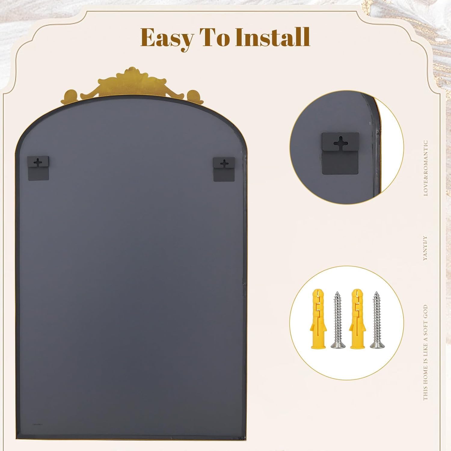 Thumbnail 5 de Dewfig Antique Arched Wall Mirror (22" x 30") with Vintage Bronze Baroque Frame