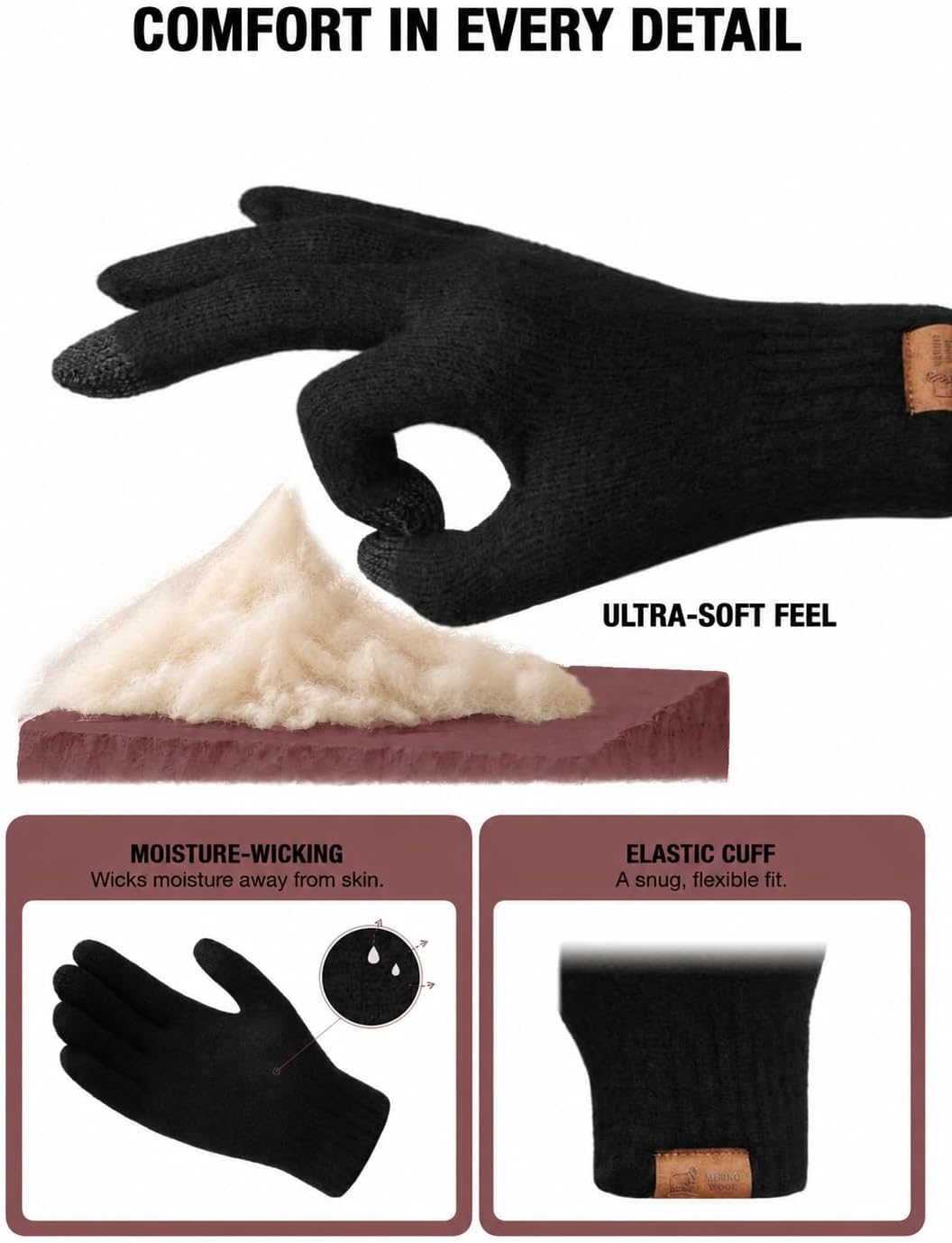 Detalle de WHIXODX Merino Wool Winter Gloves with Touchscreen Use and Moisture-Wicking Comfort
