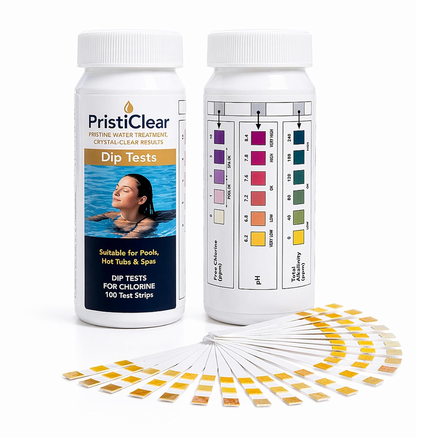 Detalle de PristiClear Chlorine Pool Test Strips — 100 Tests for Chlorine, pH & Alkalinity