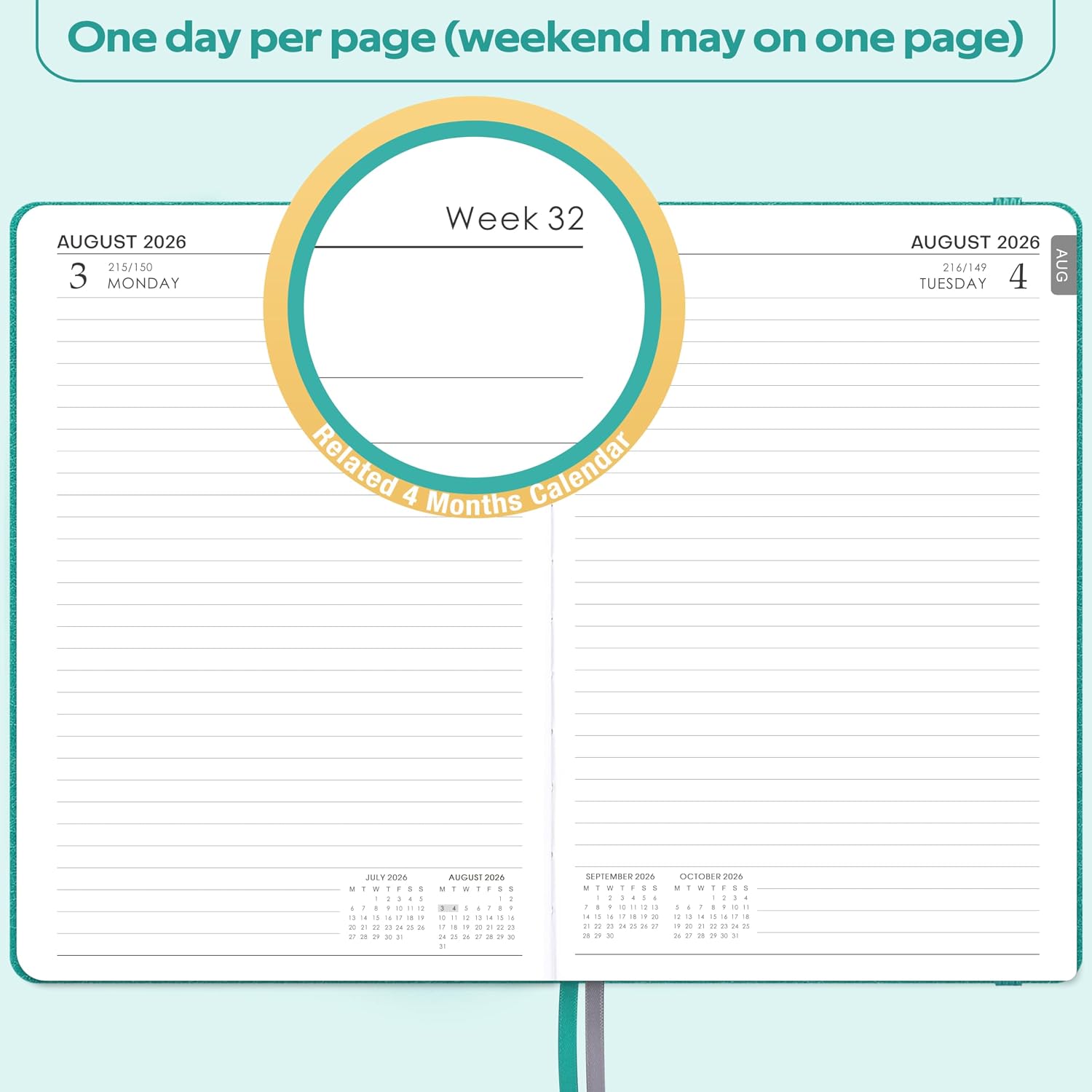 Thumbnail 2 de Academic Diary 2026-2027: Day‑per‑page A5 Diary with 180° flat opening, Green faux leather cover
