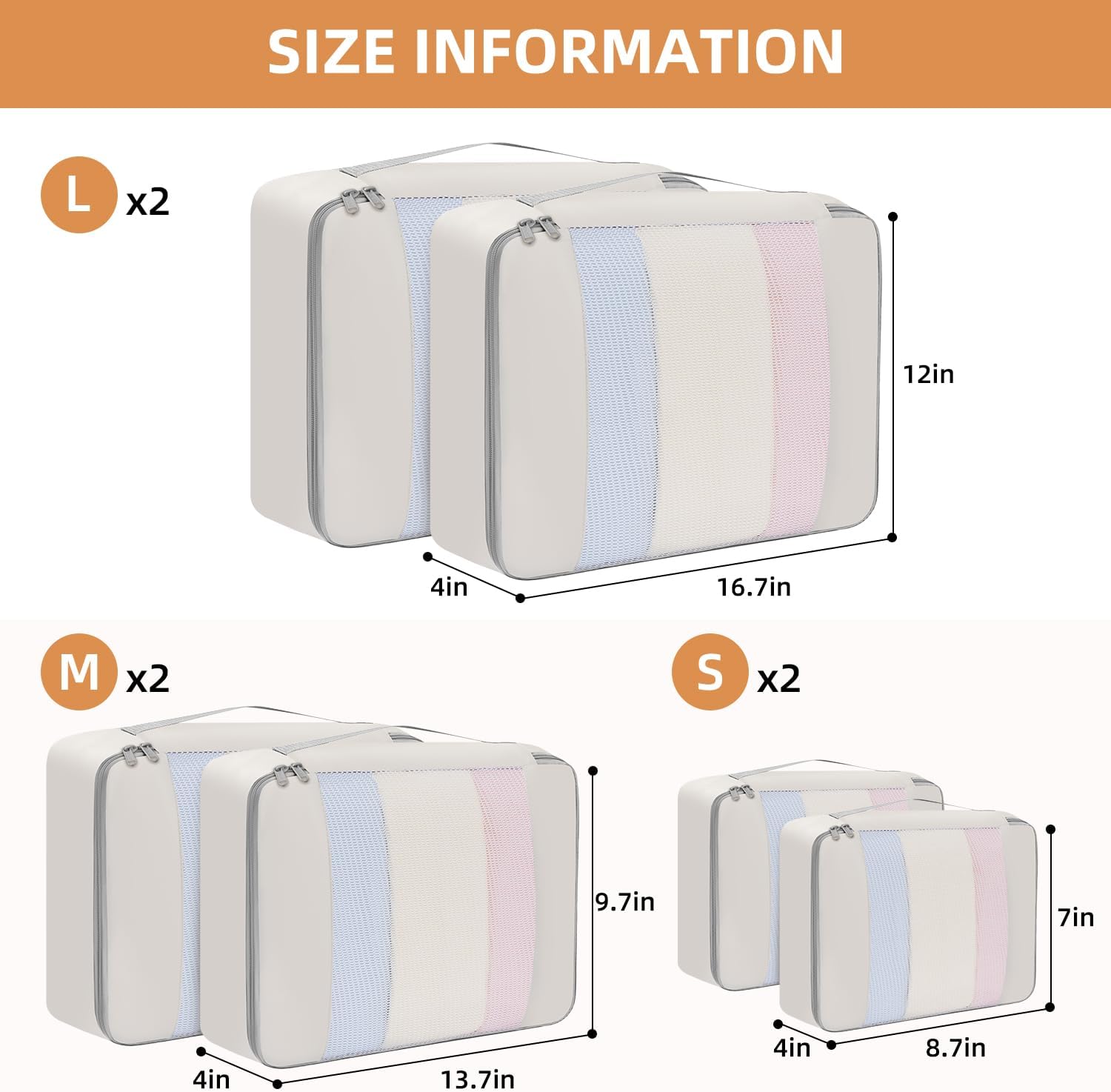 Detalle de BAGAIL 6 Set Packing Cubes – Variety of Sizes for Travel Organisation (Beige)