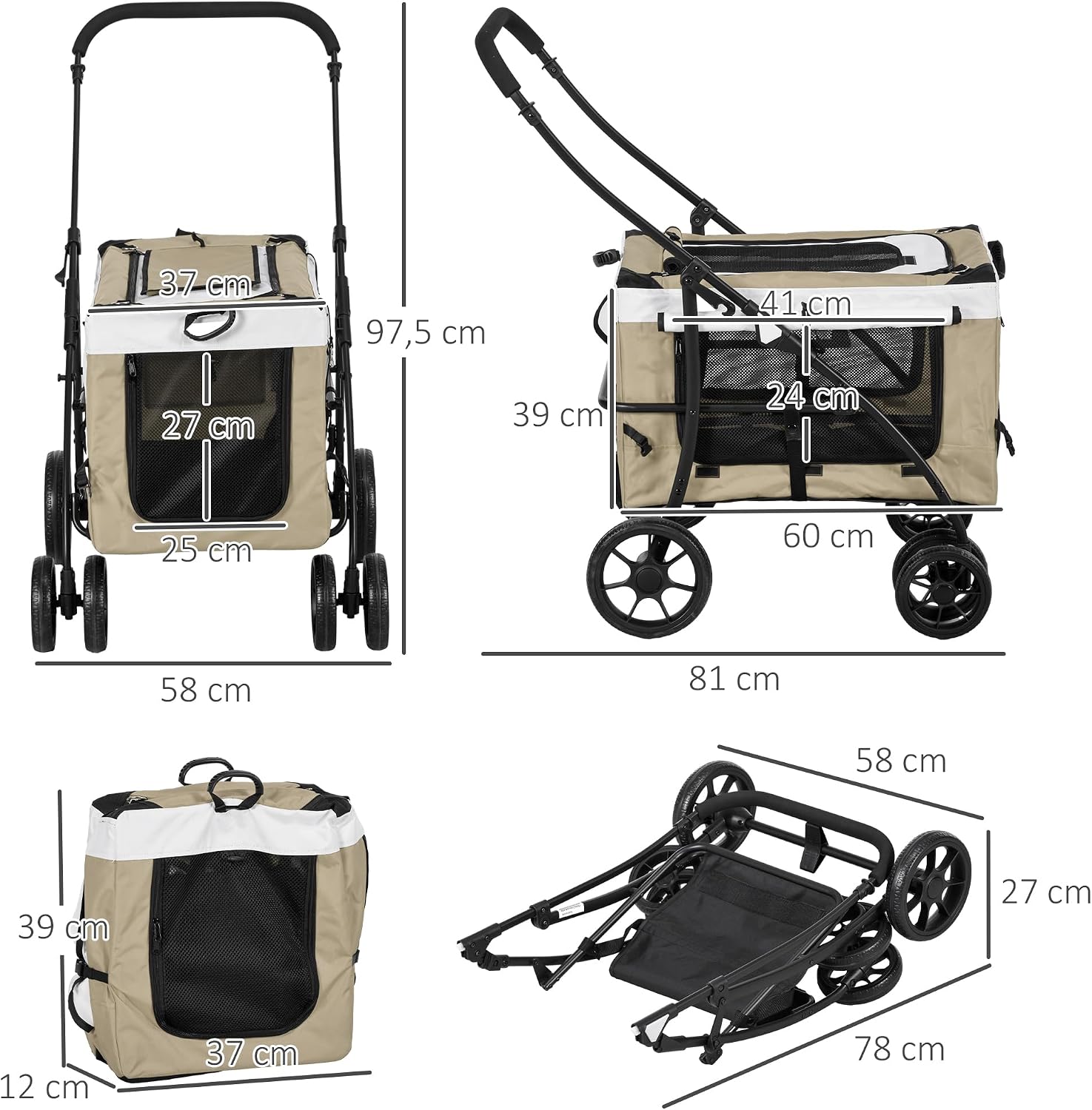 Detalle de PawHut D00-192V00KK hondenbuggy, 2-in-1 met afneembare reiswieg en 600D Oxford-stof