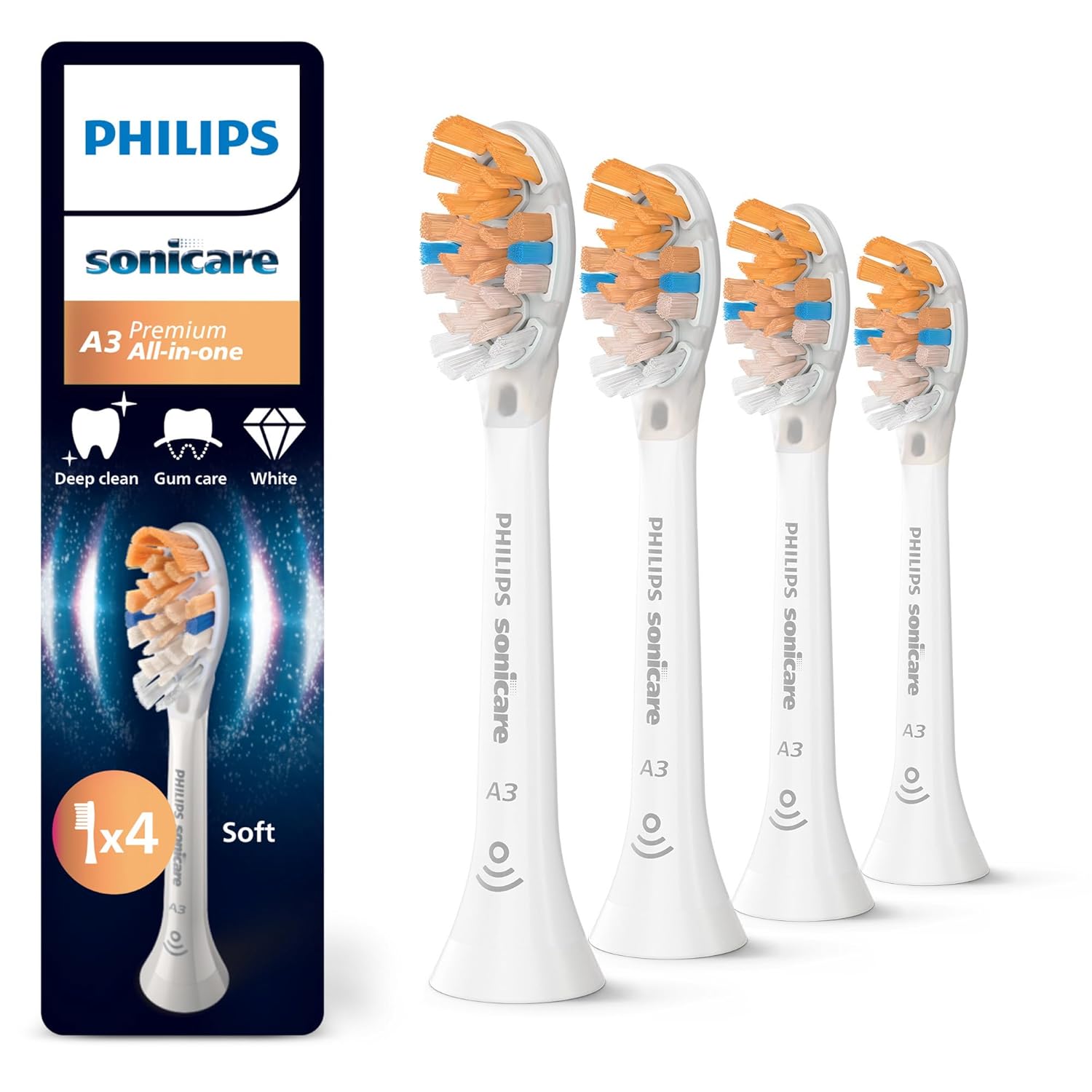 Detalle de Philips Sonicare A3 Premium All-in-One: Original Ersatzbürstenköpfe HX9094/87 4er-Pack, Weiß