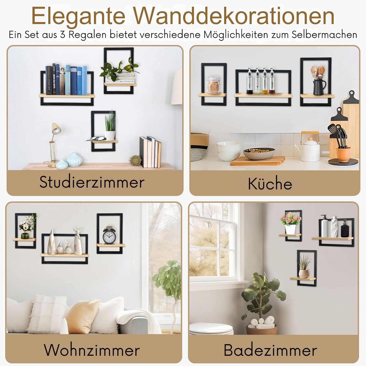 Detalle de hi-home Set mit 3 Wandregalen – schwebende, quadratische Holzwandregale in Braun