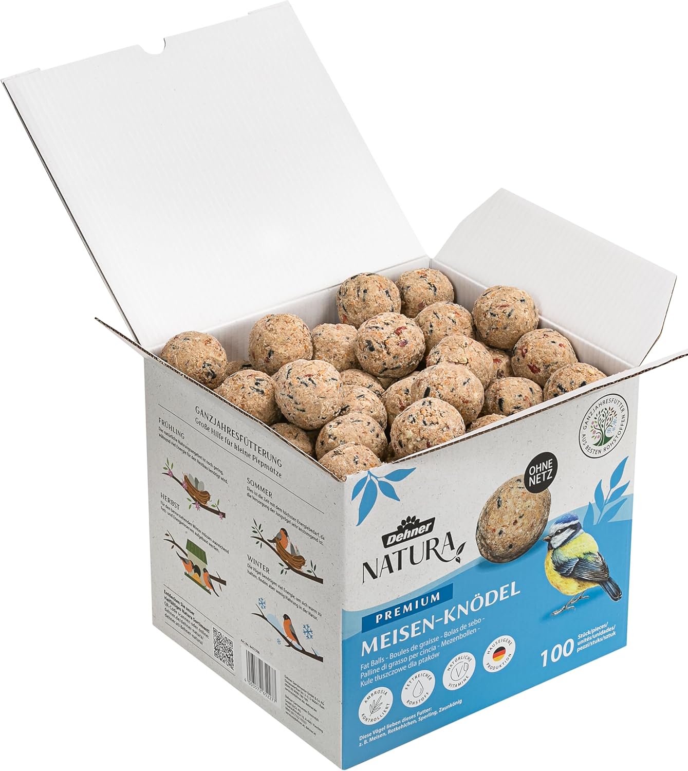 Detalle 2 de Dehner Natura Premium palline per cinciallegre senza rete, 100 pezzi x 90 g (9 kg) – cibo di alta qualità FSC