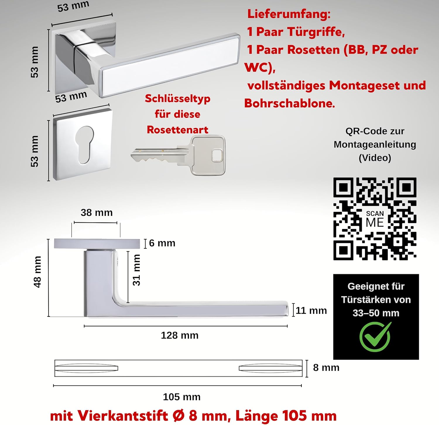 Thumbnail 3 de Gavroche Türgriffe Set PZ für Innentüren (Profilzylinder) in Silber-Chrom & Weiß