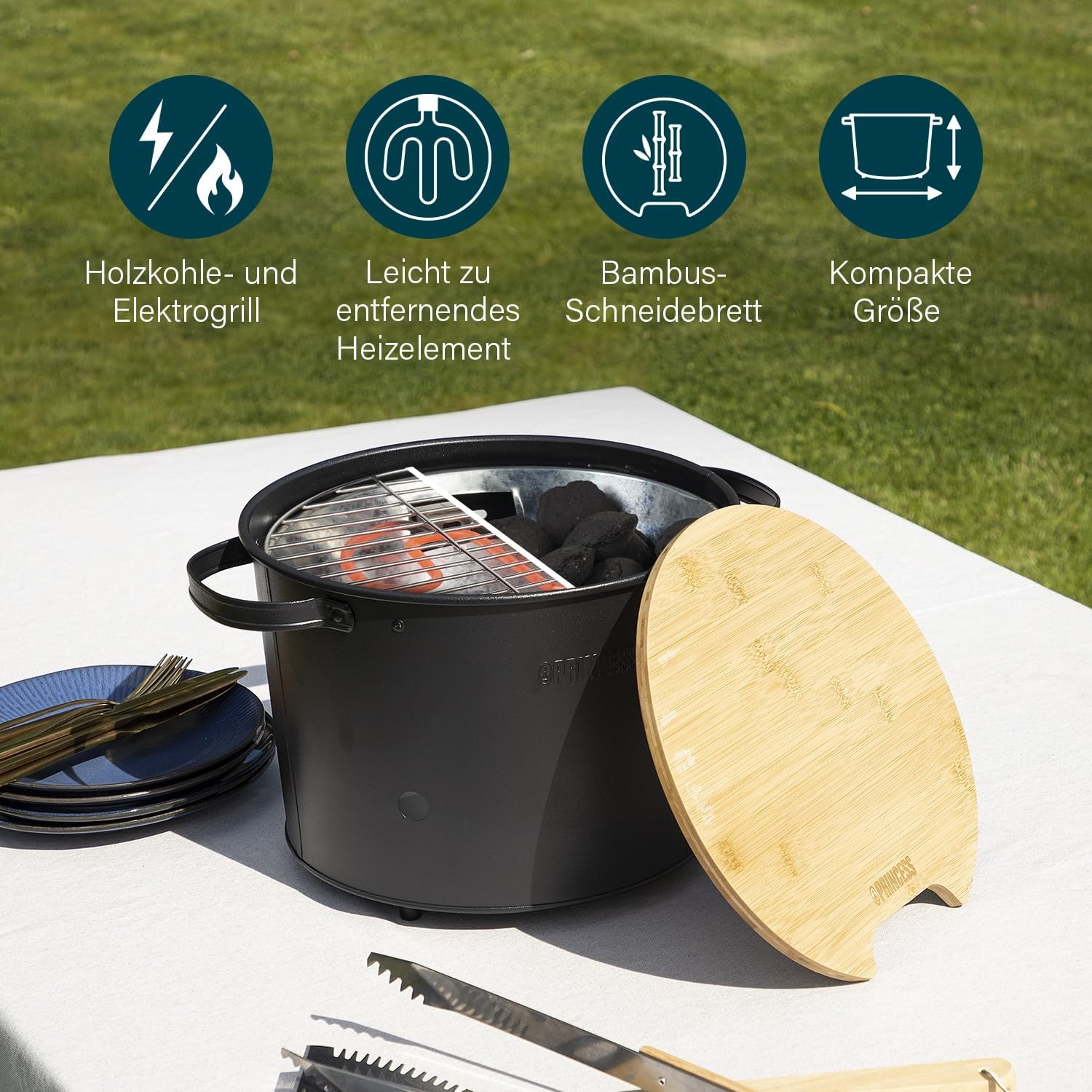 Thumbnail 2 de Princess Barbecue ibrido a carbonella o elettrico portatile 112240 con grill Ø 32 cm