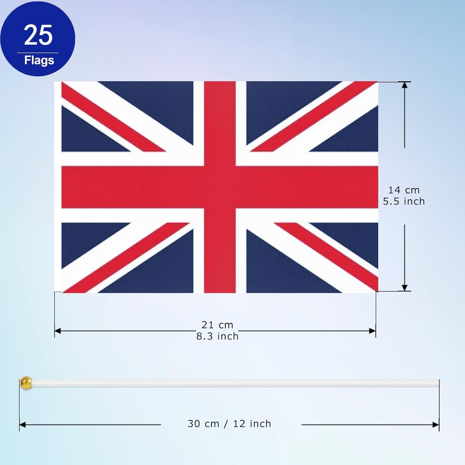 Detalle 2 de ANLAIBO British Union Jack Hand-Held Flags (25 Pack) 14 x 21 cm with 30 cm White Pole