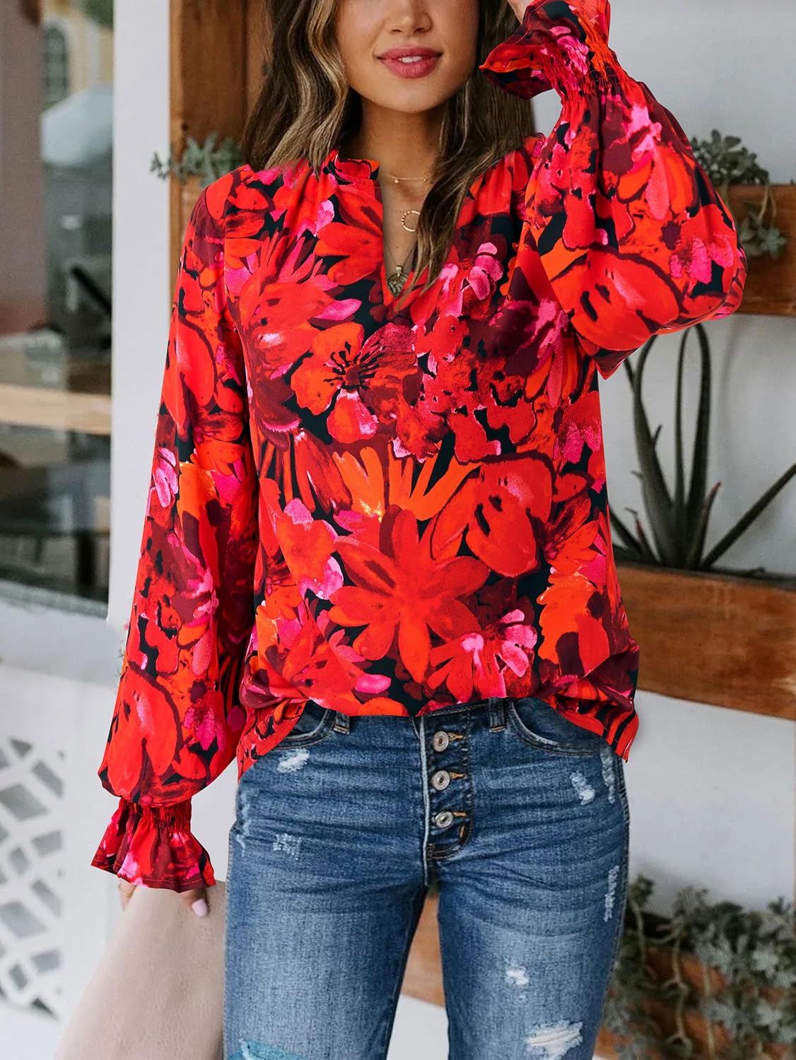 Thumbnail 4 de MASCOMODA V Neck Floral Long Sleeve Top
