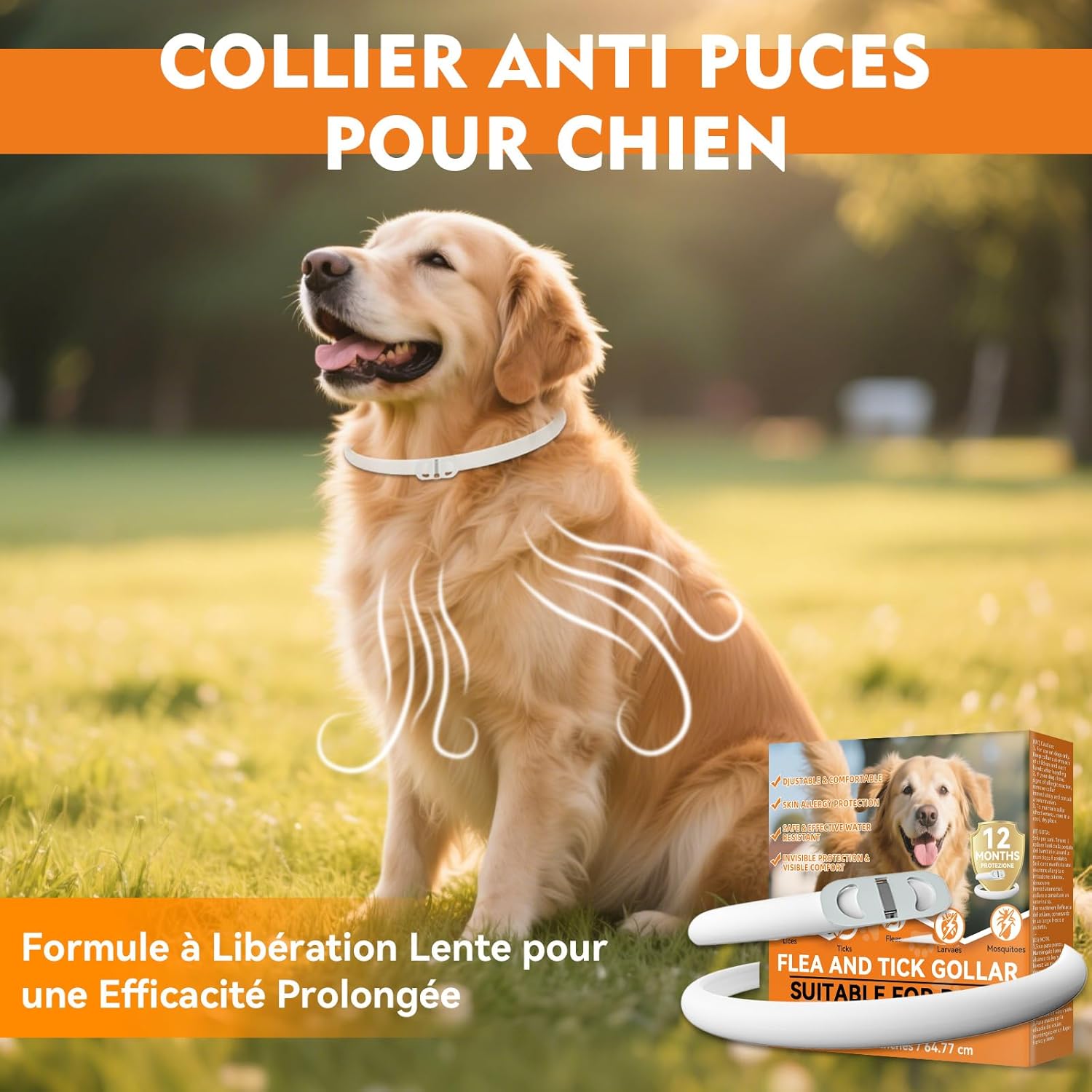 Detalle de Aarovibe Collier Anti Puces pour Chien – Réglable 65 cm, Imperméable et Efficace 12 Mois (2 Pack)