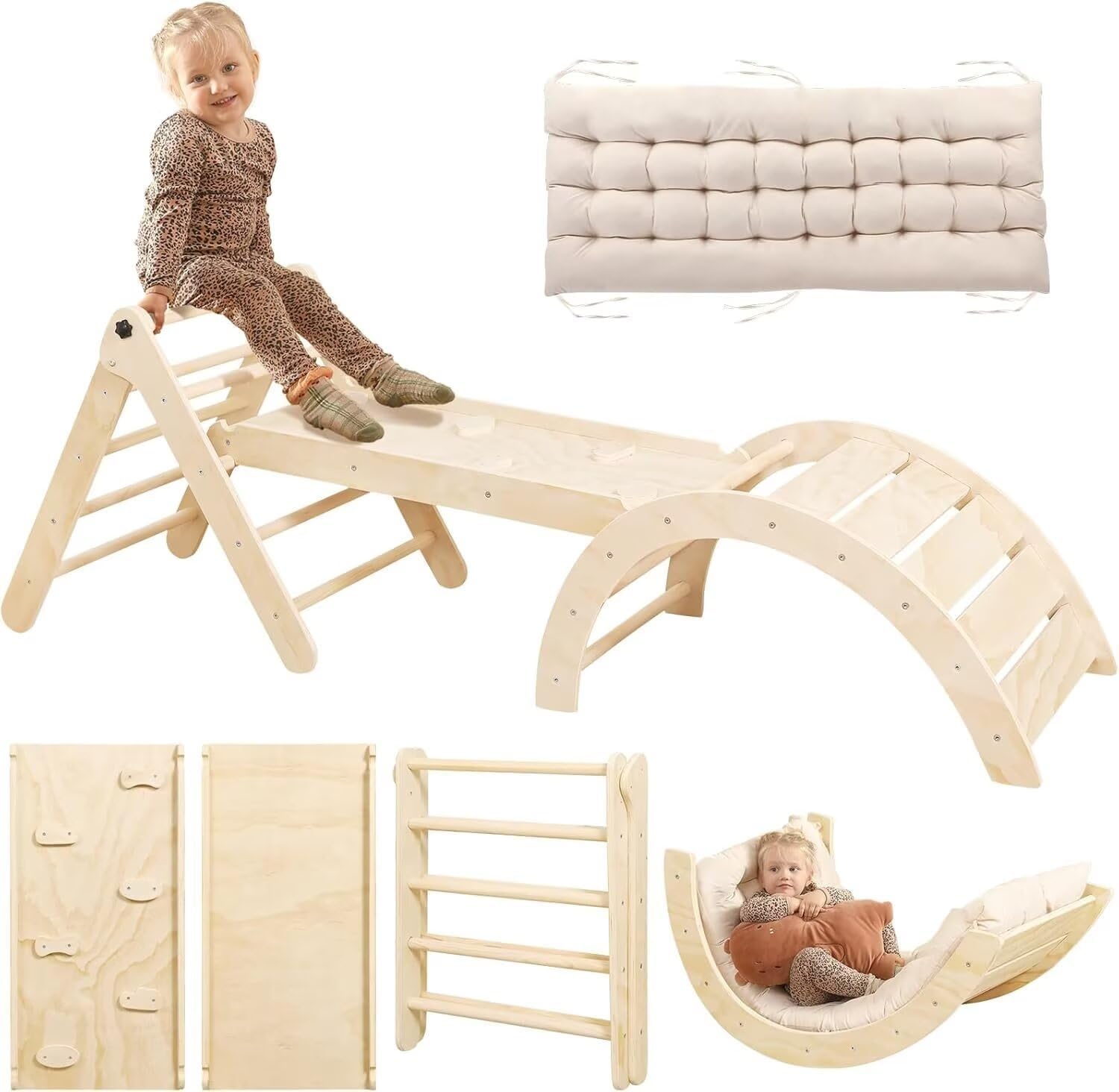 Detalle de khlerox 7-in-1 Foldable Indoor Climbing Frame with Soft Cushion (Natural Wood)