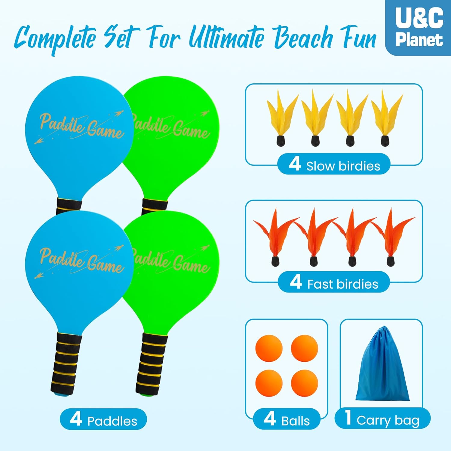 Detalle de U&C Planet Beachball Set: Wooden Paddle Ball Game for Family Fun