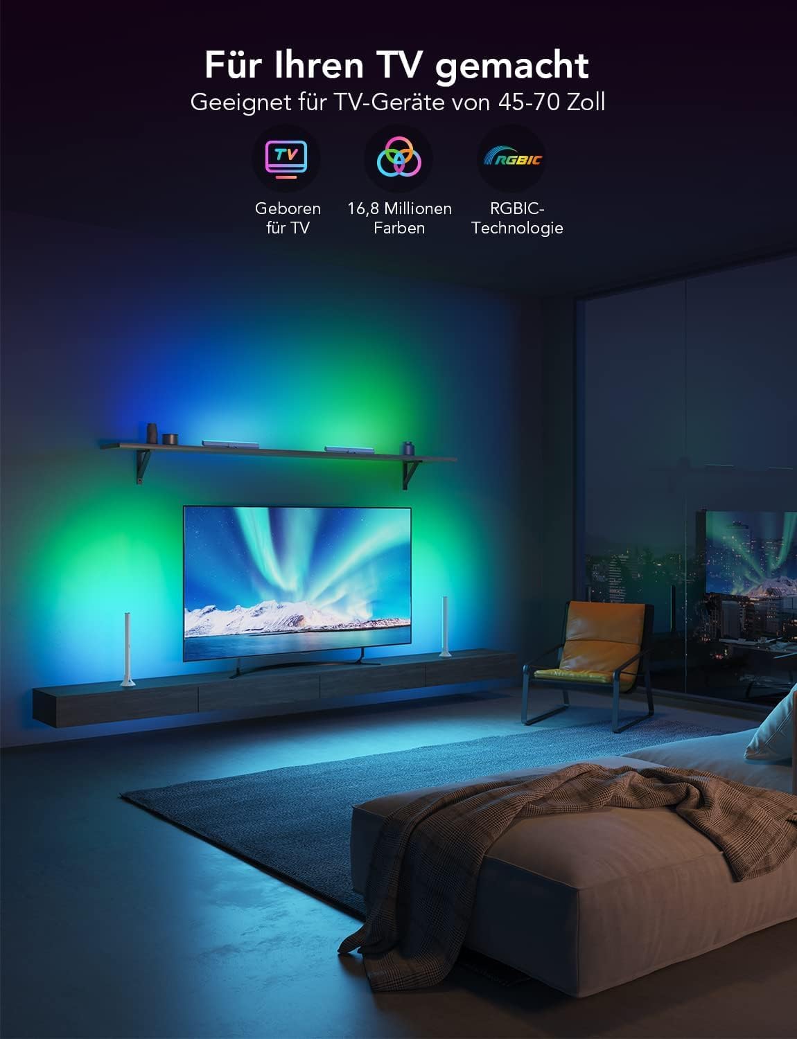 Thumbnail 3 de Govee RGBIC LED Lightbar für TV 45–70 Zoll – WLAN, Sprachsteuerung, 3 Montageoptionen