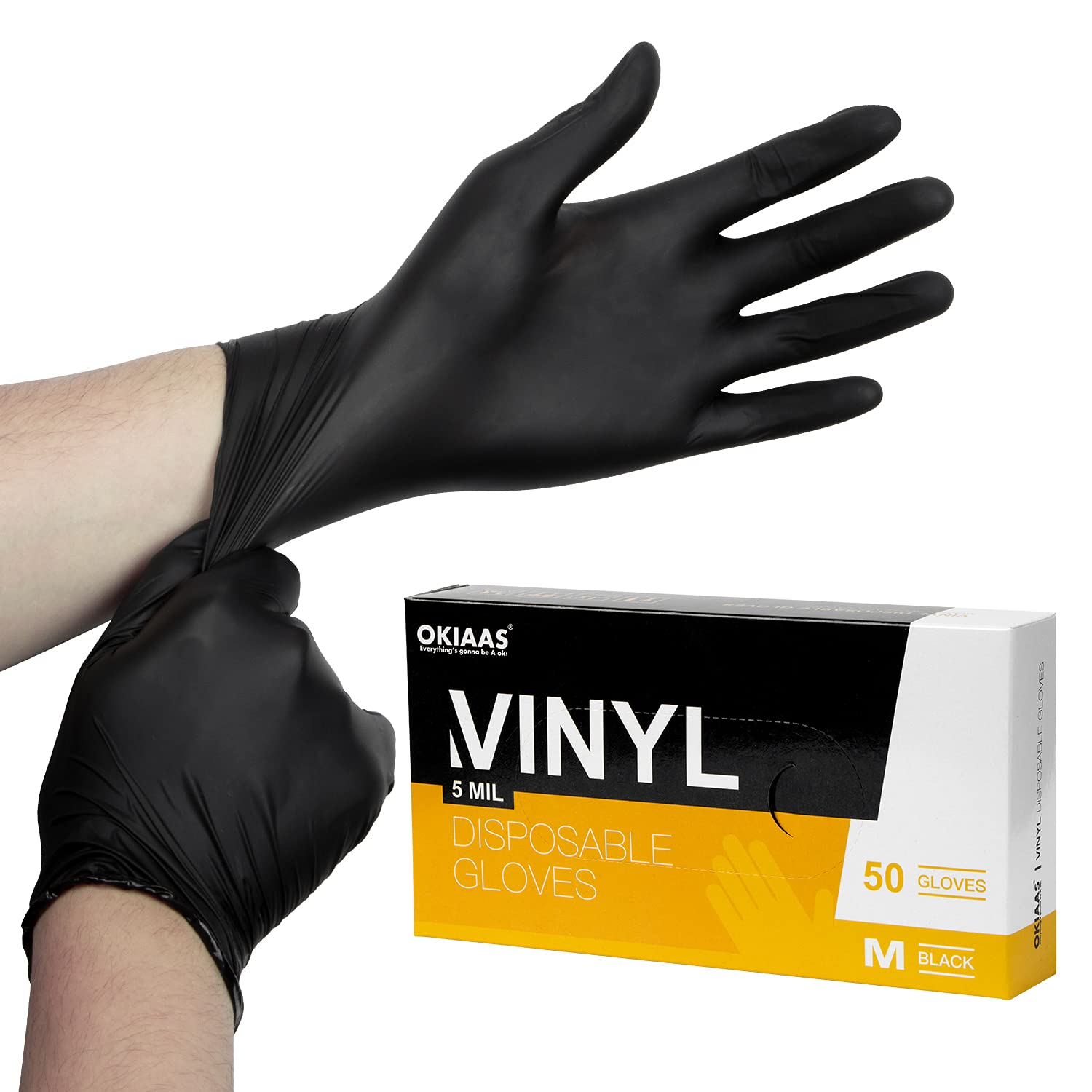 Detalle de OKIAAS Black Latex-Free Vinyl Gloves (Medium) – 50 Count Box, for food handling, household and lab work