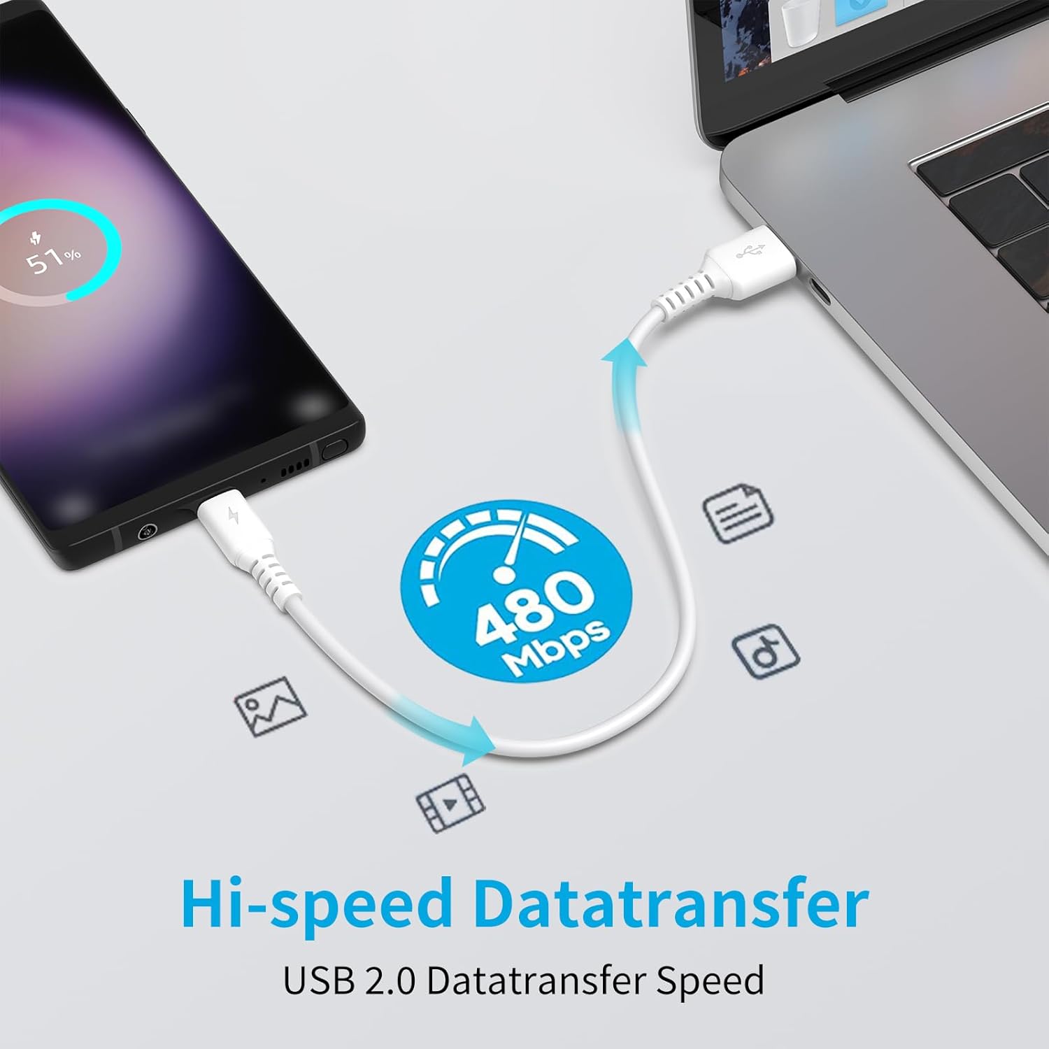 Thumbnail 4 de Acecene 30cm USB C Charger Cable Short – 5 Pack (USB A to USB C) in White