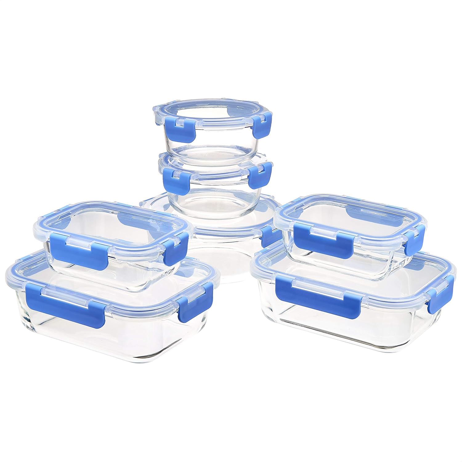 Detalle de Amazon Basics Glas-Lebensmittelbehälter-Set, 14-teilig – luftdicht, backofenfest (bis 580 °C) und BPA-frei