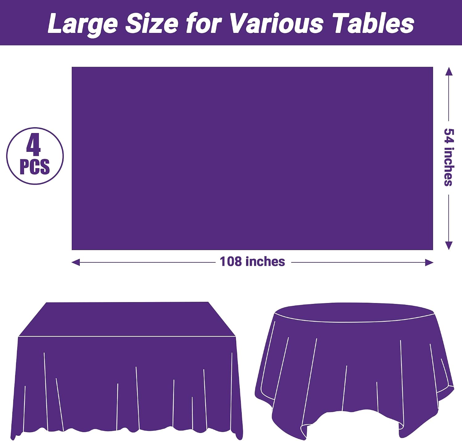 Thumbnail 1 de QZYL 4 PCS Plastic Table Cloth, 54" x 108", Purple – Disposable Party Coverage for 6–8 Foot Tables