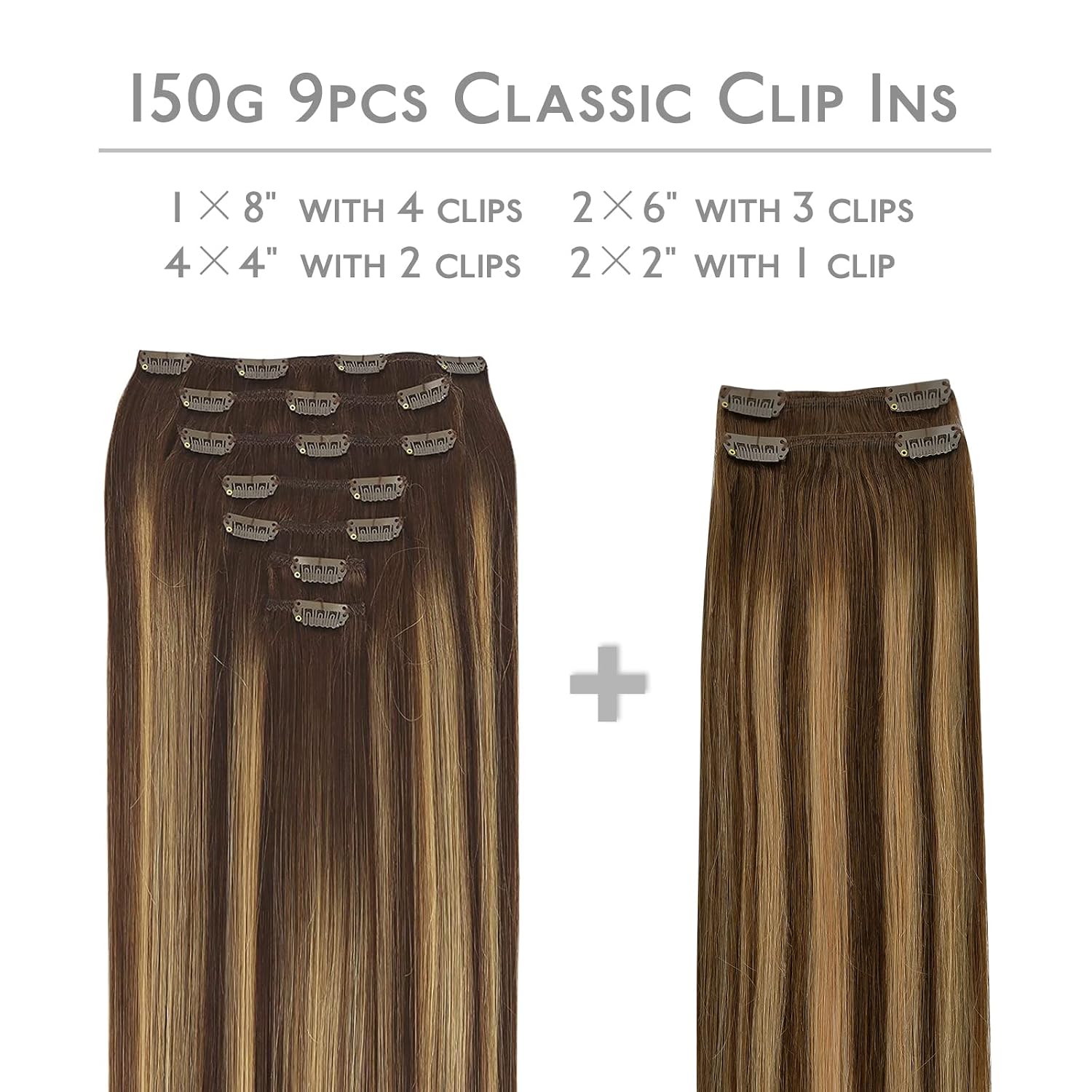 Thumbnail 1 de WENNALIFE Clip in Hair Extensions 150g, 22 Inch, Balayage Chocolate Brown to Honey Blonde (9pcs) – Real Human Hair, Double Weft