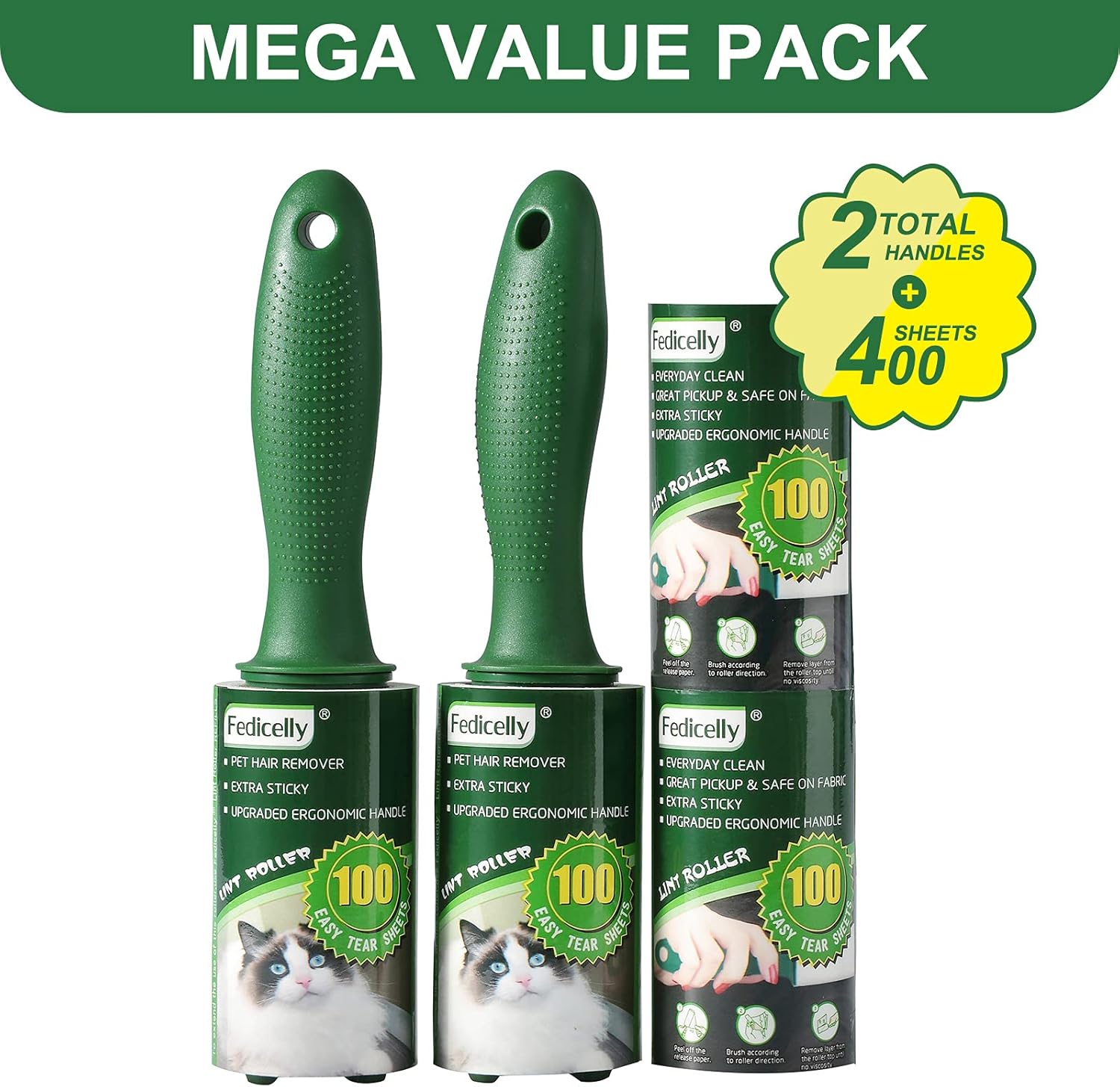 Detalle 2 de Fedicelly Extra Sticky Lint Rollers Pet Hair Remover — 400-Sheet Value Pack