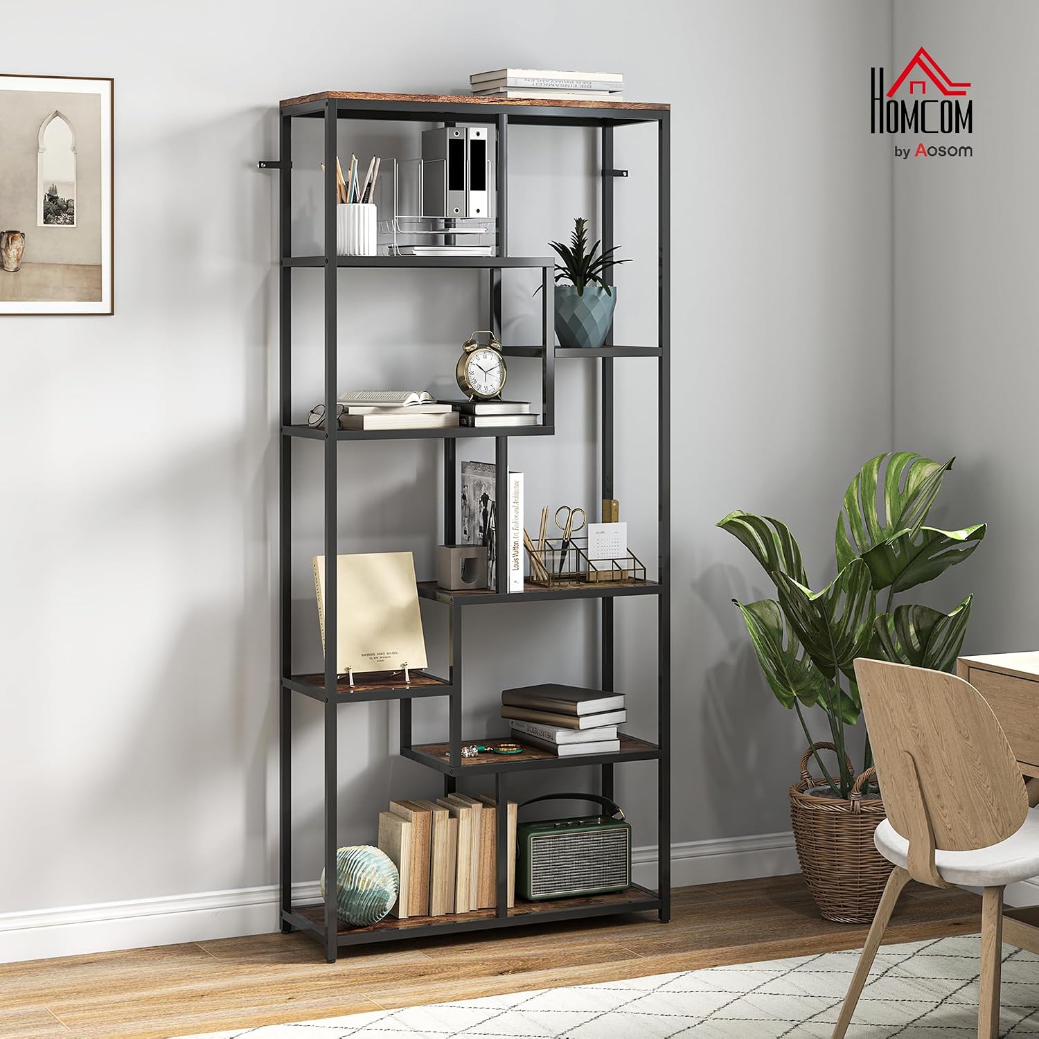 Detalle 2 de HOMCOM 836-639V00BT 7-Tier Geometric Bookcase, Rustic Brown and Black
