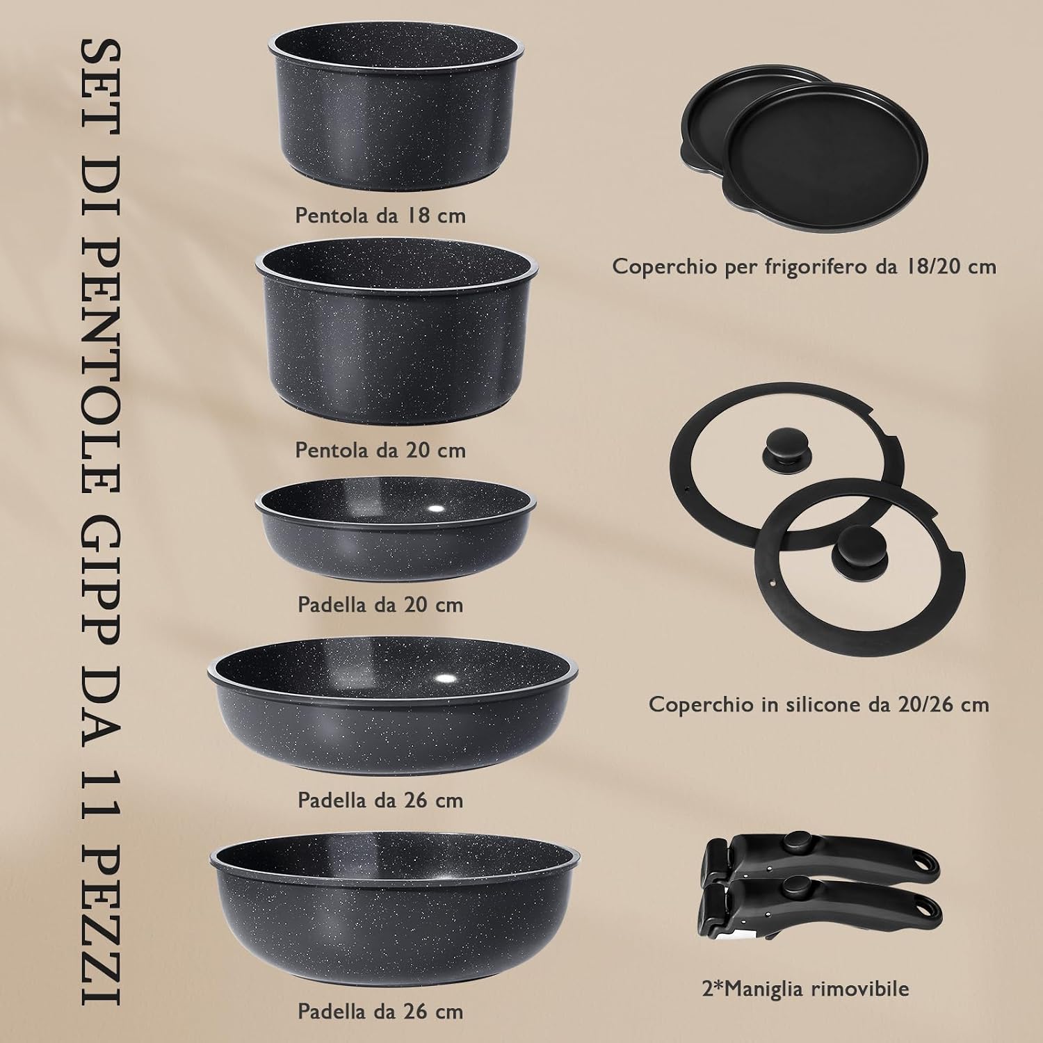 Detalle 2 de GiPP Set di pentole e padelle in ceramica antiaderenti 11 pezzi con manico amovibile