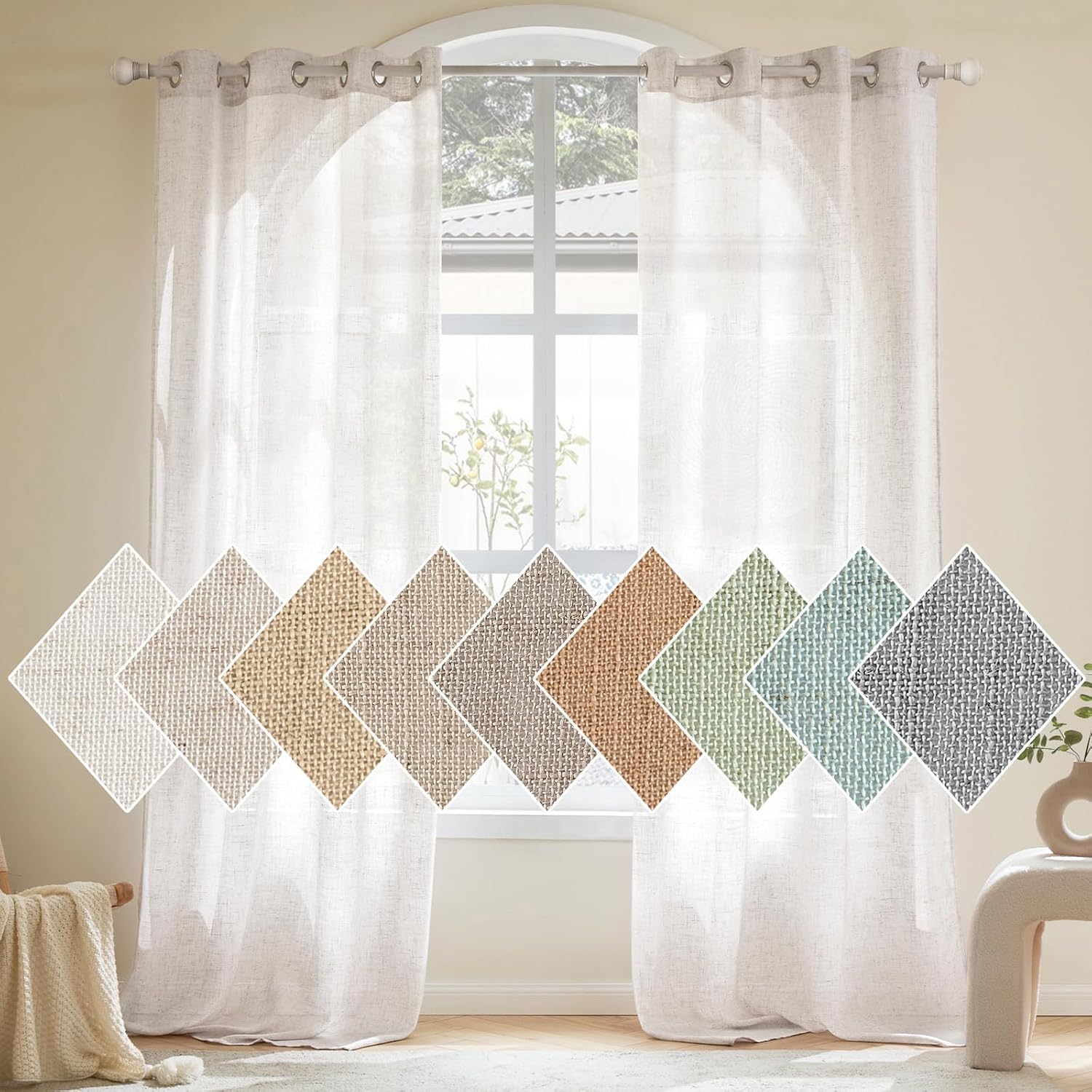 Detalle de Woaboy Leinen-Gardinen Set (2 Stück) halbtransparent mit Ösen, reinweiß – 140 x 280 cm