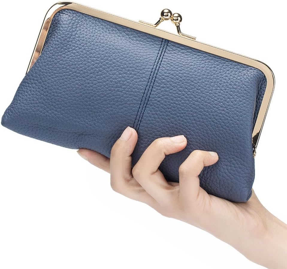 Detalle 2 de AprinCtempsD Women's Genuine Leather Clutch Bag with Kiss Lock – Compact Long Wallet