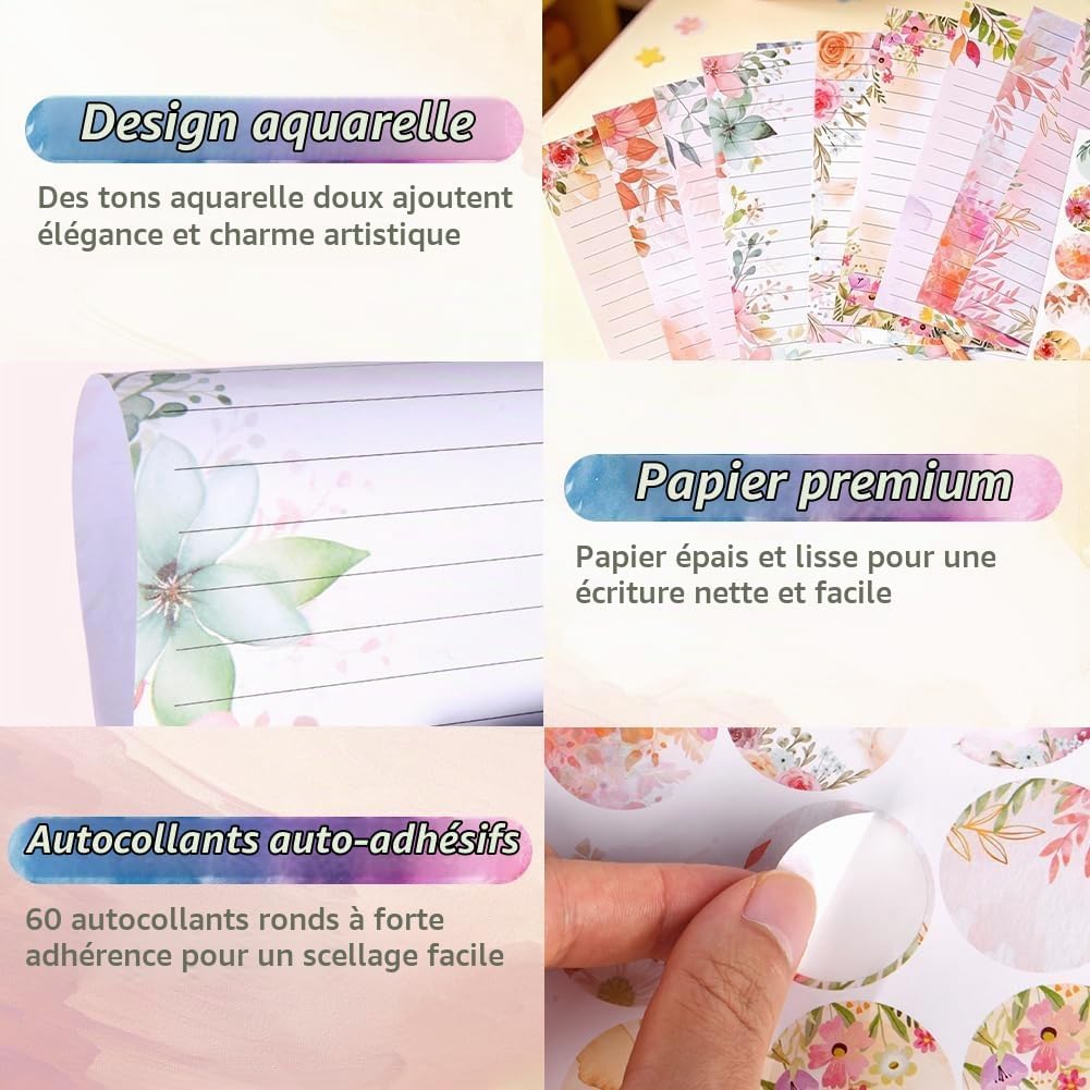 Detalle 1 de Vicloon briefpapier-set met 50 A5-vellen, 50 enveloppen en 60 bloemlabels