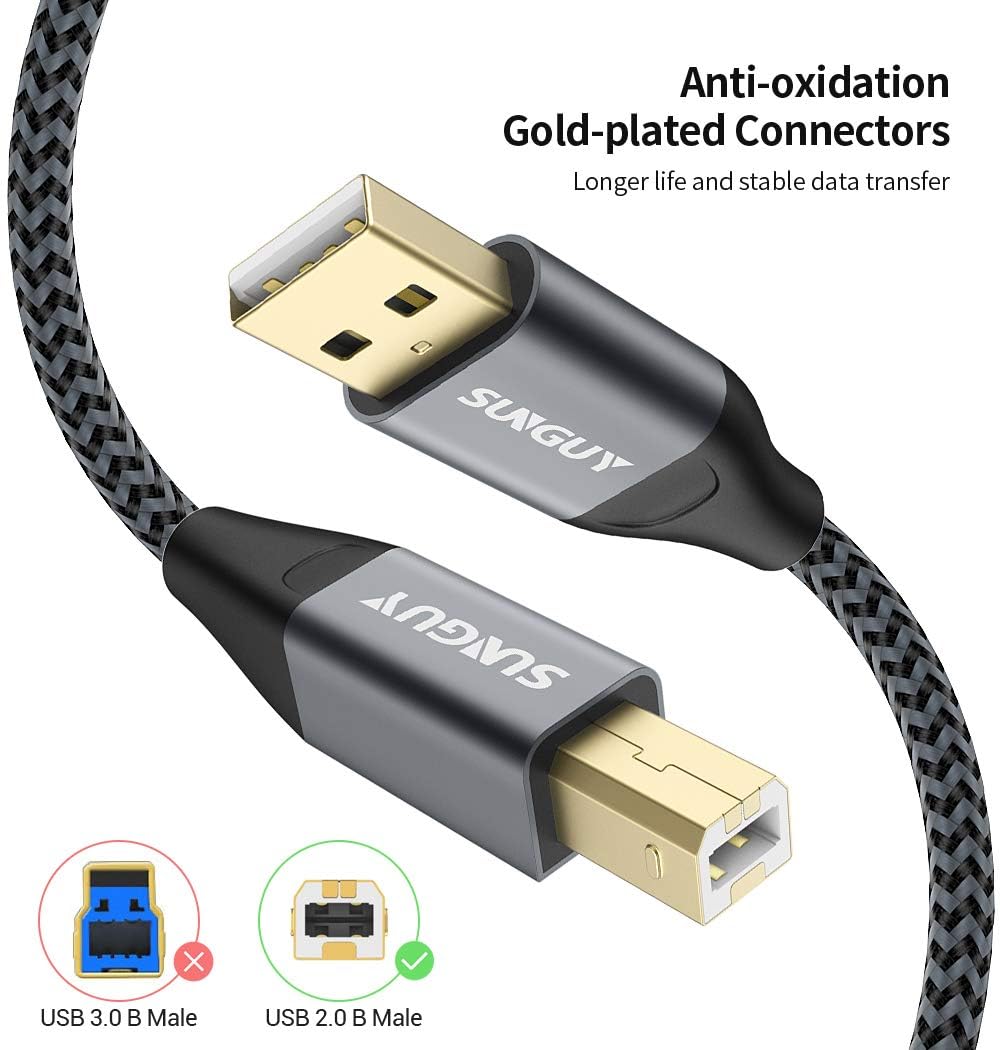 Thumbnail 1 de SUNGUY USB-Druckerkabel 3 m (USB A auf USB B, USB 2.0) Nylon, grau – für Drucker & Scanner