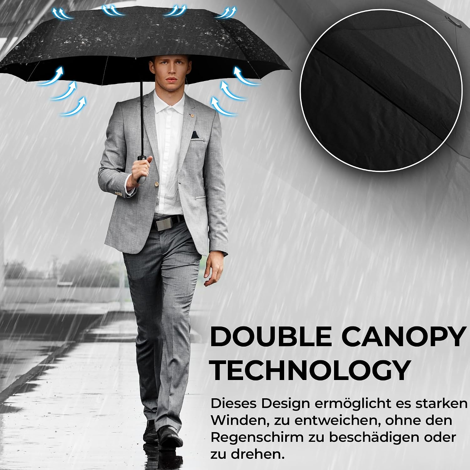 Detalle 2 de Regenschirm Taschenschirm Sturmfest mit Auf-Zu-Automatik & Schirm-Tasche – Schwarz, kompakter Reise- & Golfschirm